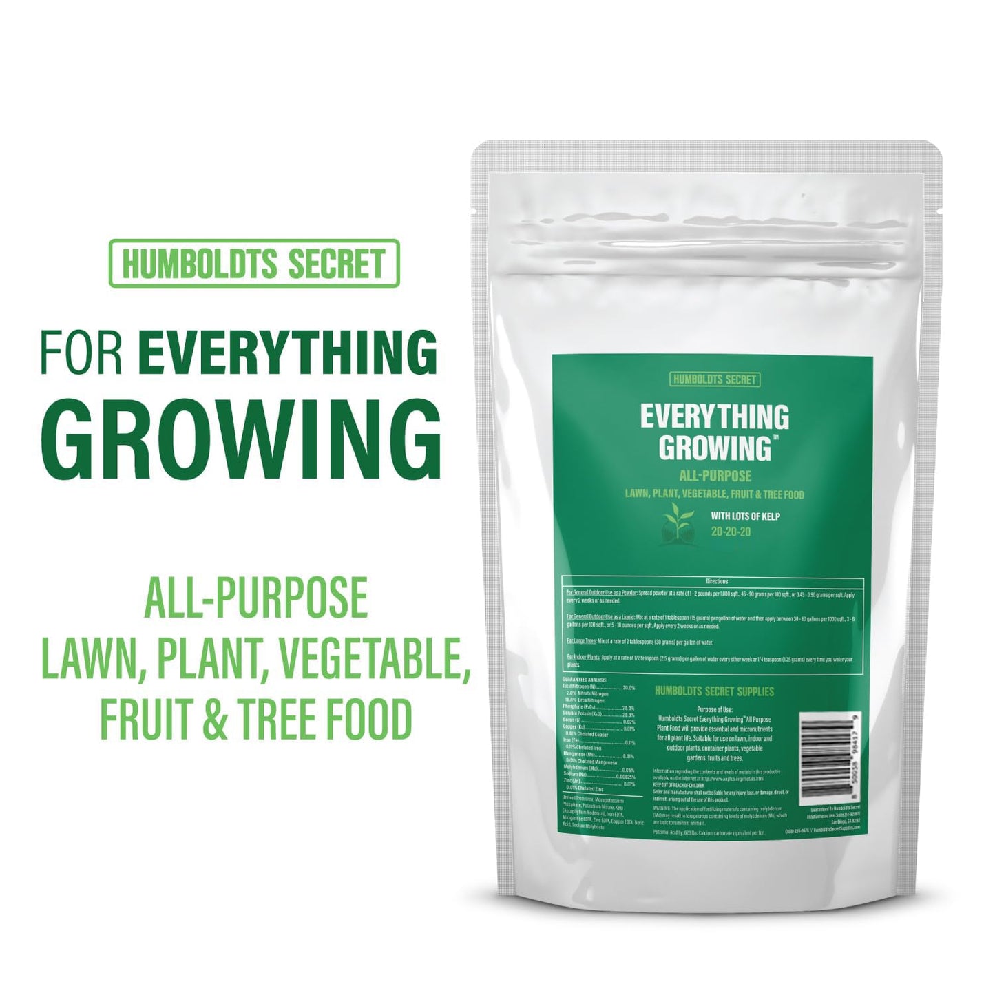 Humboldts Secret Everything Growing 20-20-20 Fertilizer | All Purpose Water Soluble Plant Food | Balanced NPK with Norwegian Kelp | for Lawns Gardens, Vegetables, Flowers & Indoor Plants | 2 lb