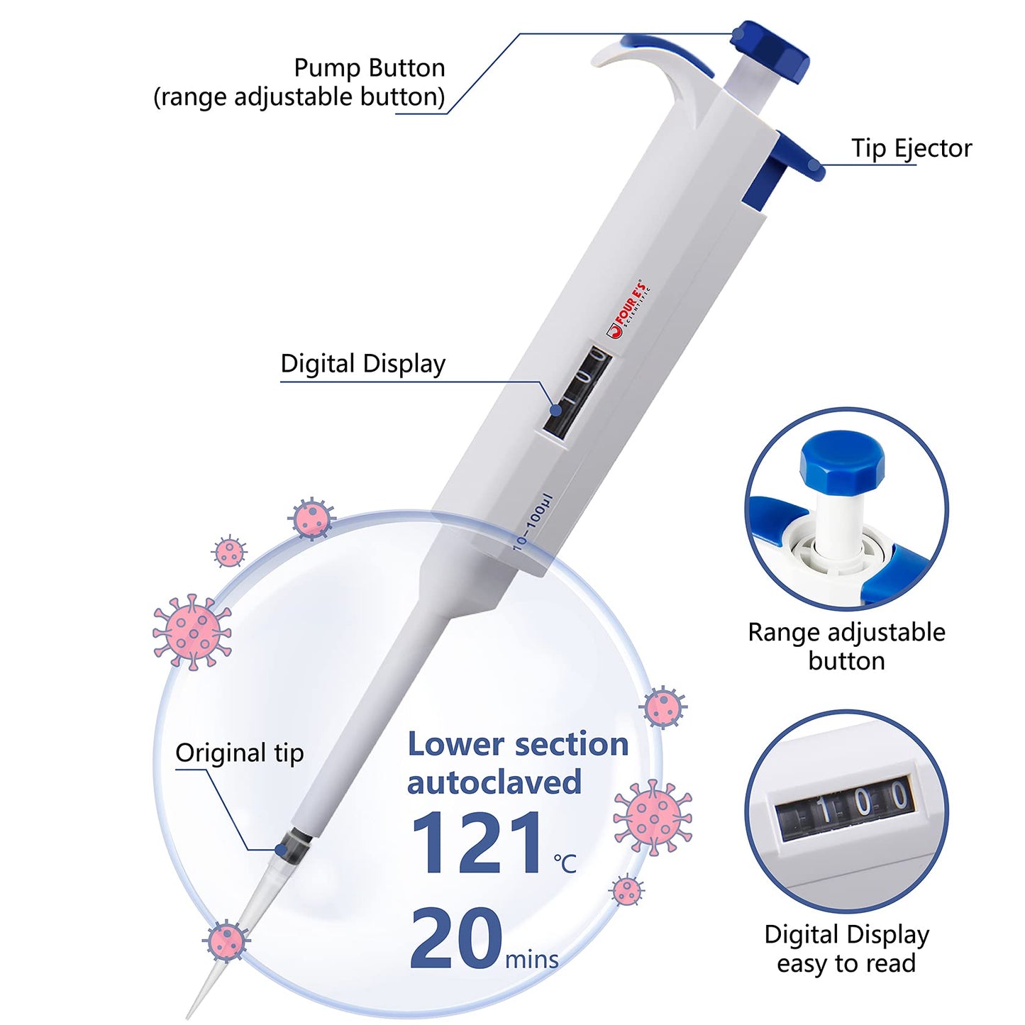 FOUR E'S SCIENTIFIC 100uL-1000uL High-Accurate Single-Channel Manual Adjustable Variable Volume Pipettes