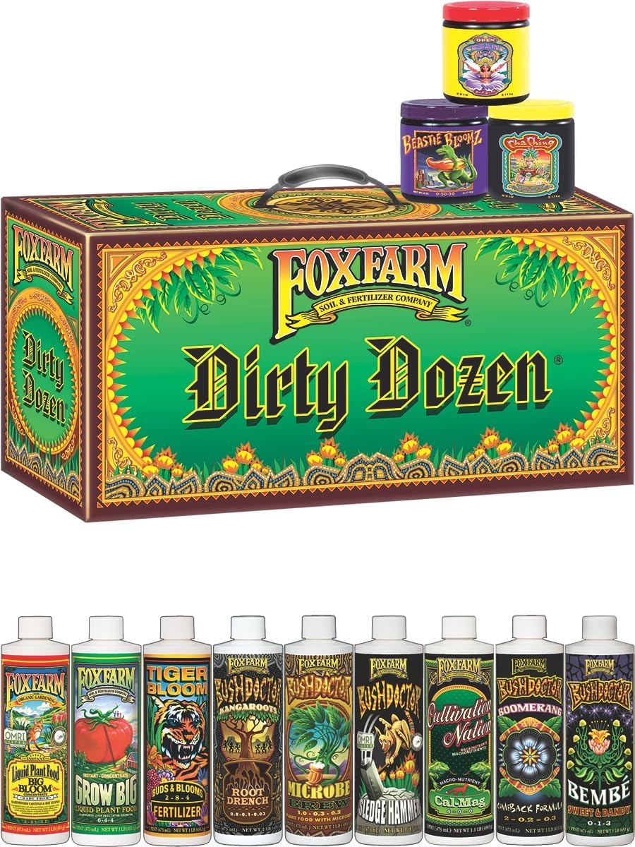 FoxFarm Dirty Dozen Starter Kit - 9-Pack Liquid Nutrients & 3 Soluble Fertilizers - Includes Open Sesame, Beastie Bloomz & Cha Ching - Perfect for Thriving Plants & Vibrant Blooms