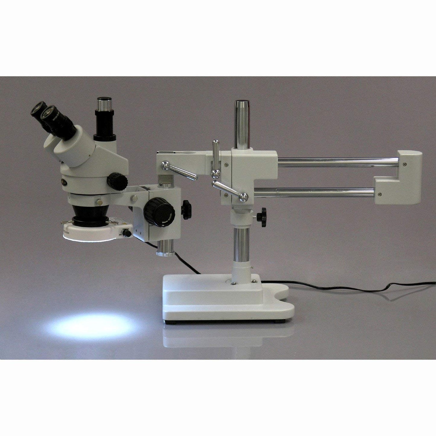 AmScope SM-4TZ-144A Professional Trinocular Stereo Zoom Microscope, WH10x Eyepieces, 3.5X-90X Magnification, 0.7X-4.5X Zoom Objective, Four-Zone LED Ring Light, Double-Arm Boom Stand, 110V-240V, Includes 0.5X and 2.0X Barlow Lens