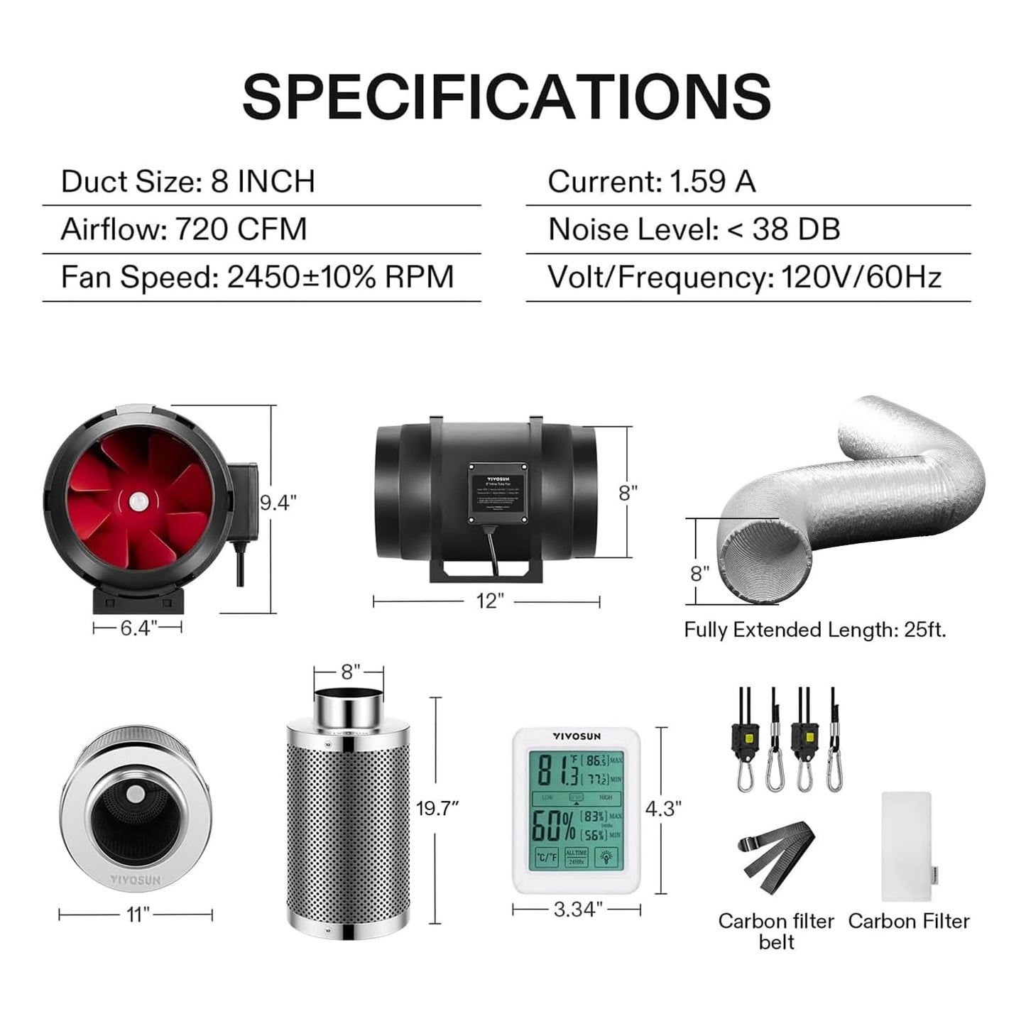 VIVOSUN 4 Inch 190 CFM Inline Fan with Speed Controller, 4 Inch Carbon Filter and 8 Feet of Ducting, Temperature Humidity Monitor for Grow Tent Ventilation