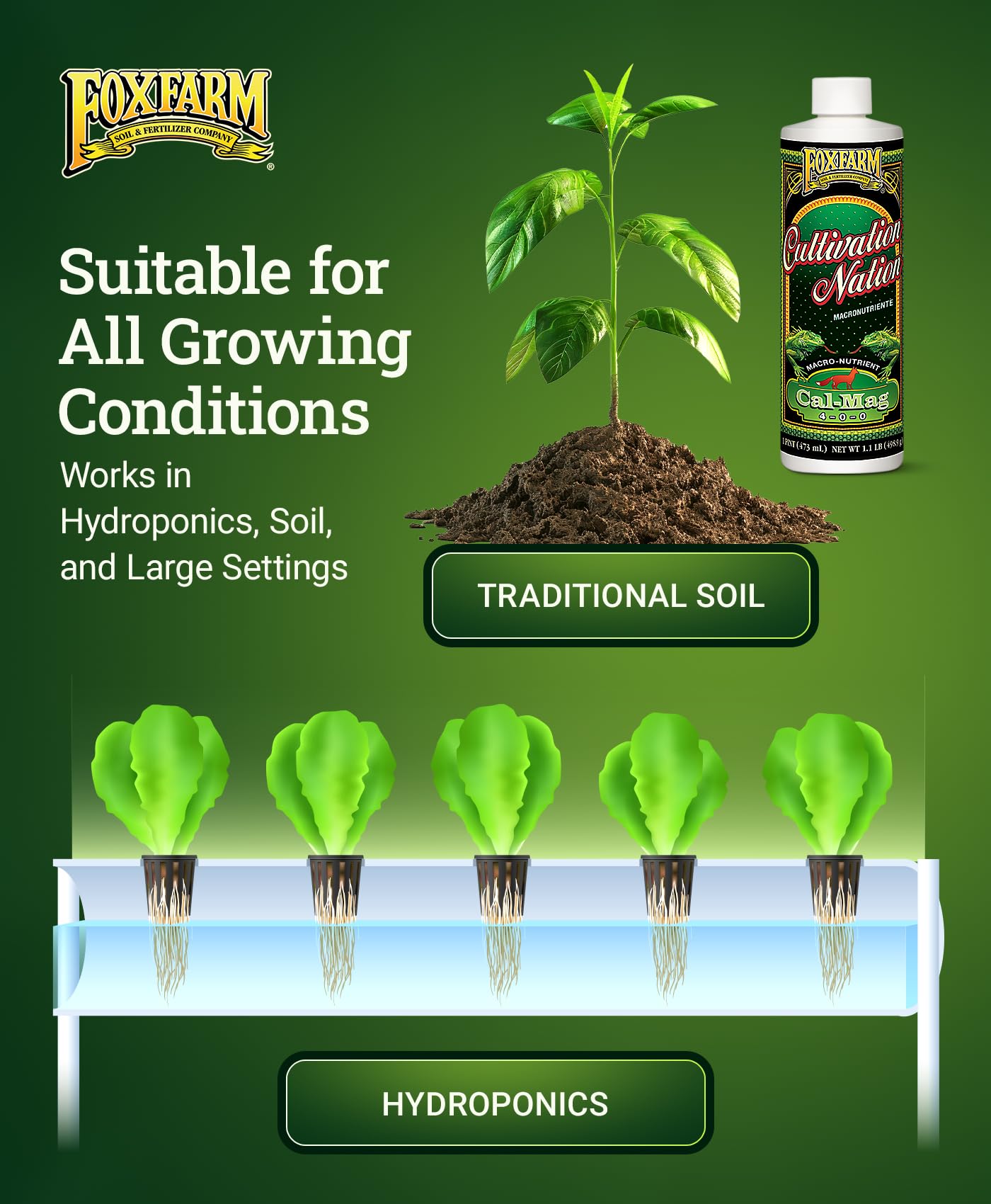 Fox Farm Cultivation Nation Cal-Mag Supplement - Formula with 3% Calcium & 1% Magnesium for Flowering & Fruiting, Ideal for Hydroponics, Soil, & All Growing Environment, NPK 4-0-0 (1 Quart)