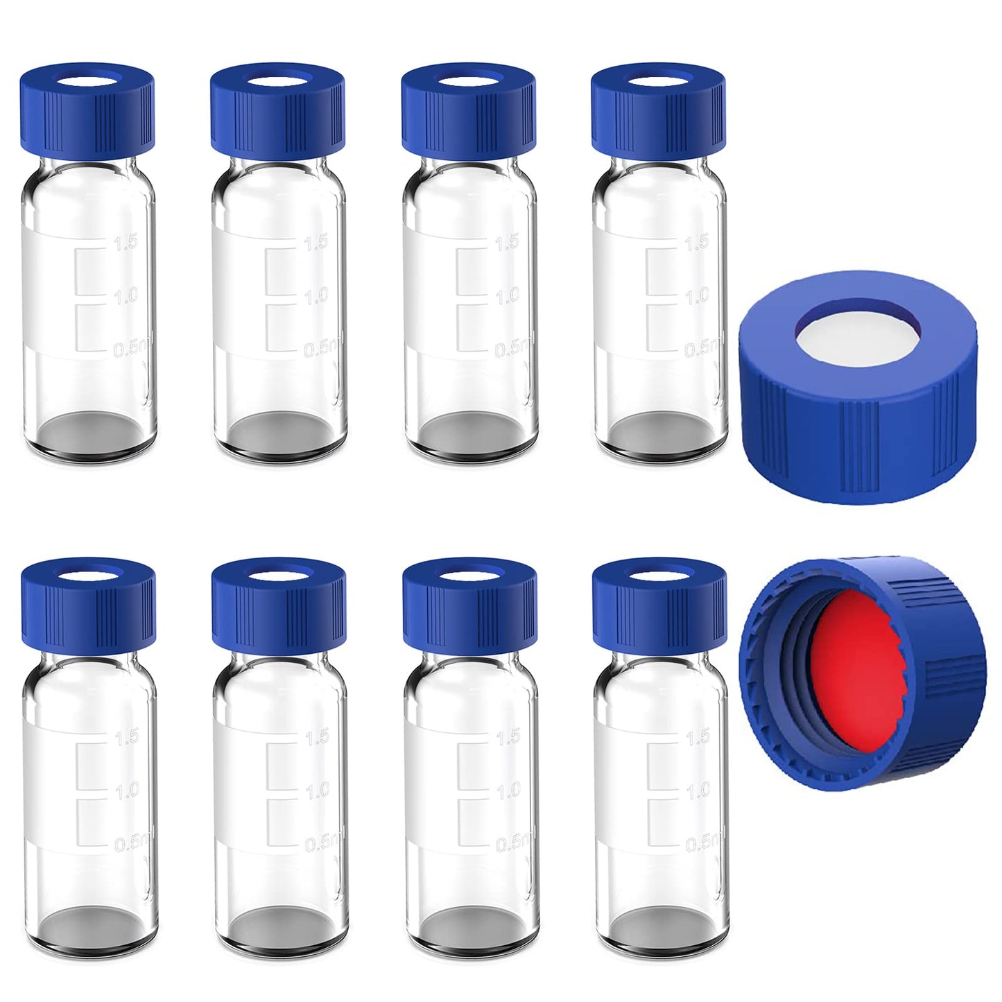 FOUR E'S SCIENTIFIC 2ml Autosampler Vials 1000 Pack - HPLC Vial | 9-425 Amber Vial with Blue Screw Caps | Writing Patch | Graduation | White PTFE & Red Silicone Septa Fit for LC Sampler