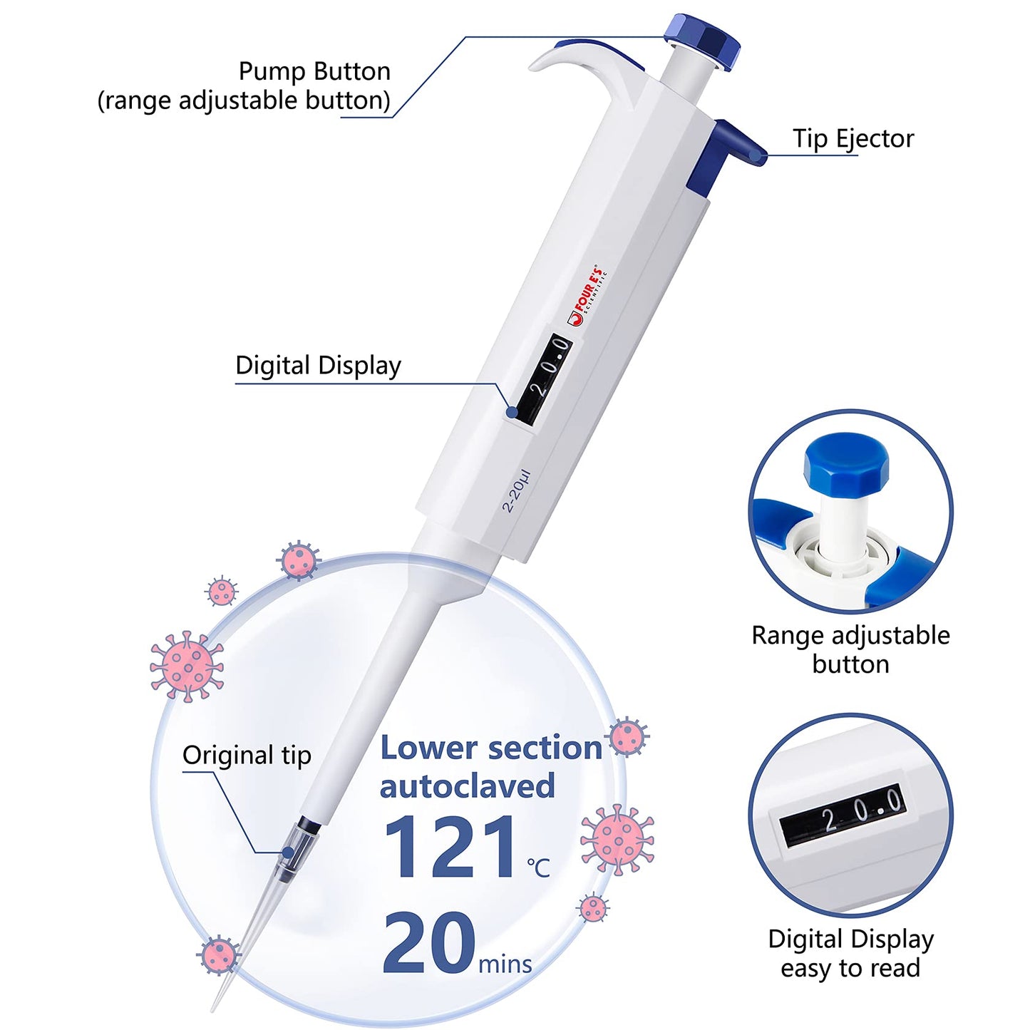 FOUR E'S SCIENTIFIC 100uL-1000uL High-Accurate Single-Channel Manual Adjustable Variable Volume Pipettes