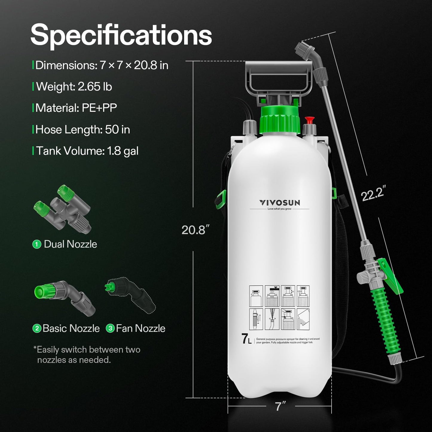 VIVOSUN 1 Gal/4L Pump Sprayer, Garden Water Sprayer for Plants, Weeds & Lawn Care, with 3 Nozzles, 50'' Long Hose & Pressure Relief Valve