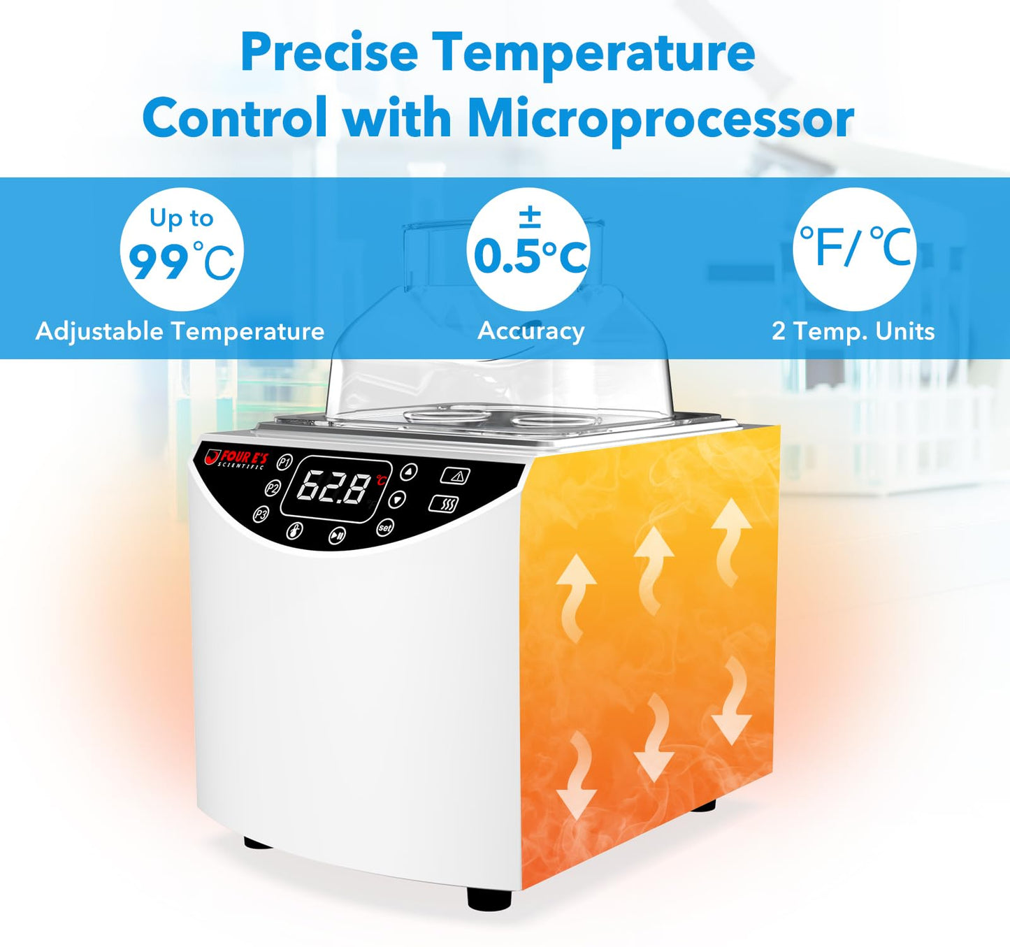 FOUR E'S SCIENTIFIC Lab Water Bath 5L, Digital Thermostatic Water Bath Heater, RT+5°C to 99°C, Precise Temperature Control, 2 Stainless Steel Chambers, LED Display
