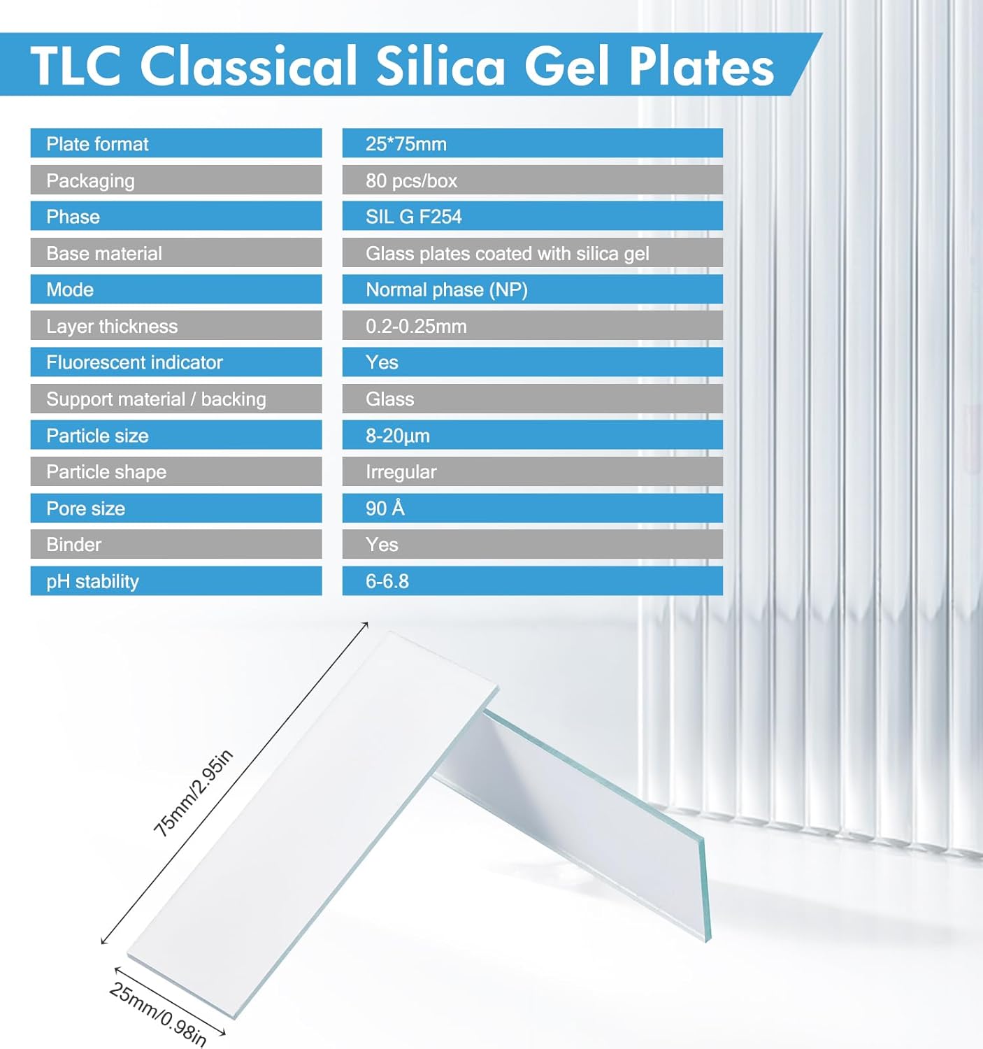FOUR E'S SCIENTIFIC TLC Plates 25mm x 75mm, Glass Backed Silica Gel Lab Thin Layer Chromatography Plates GF254, Pack of 80