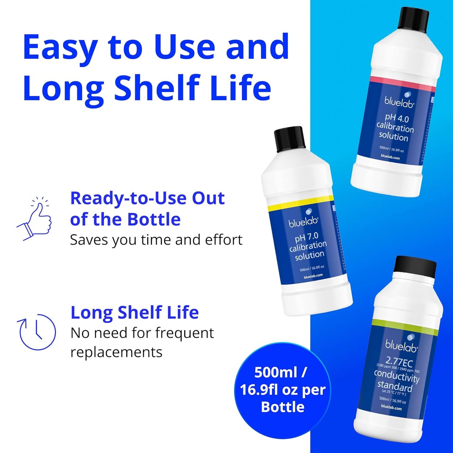 Bluelab Calibration Solution pH 4.0, 7.0 and 2.77 EC Conductivity Solution, 500 ml Each