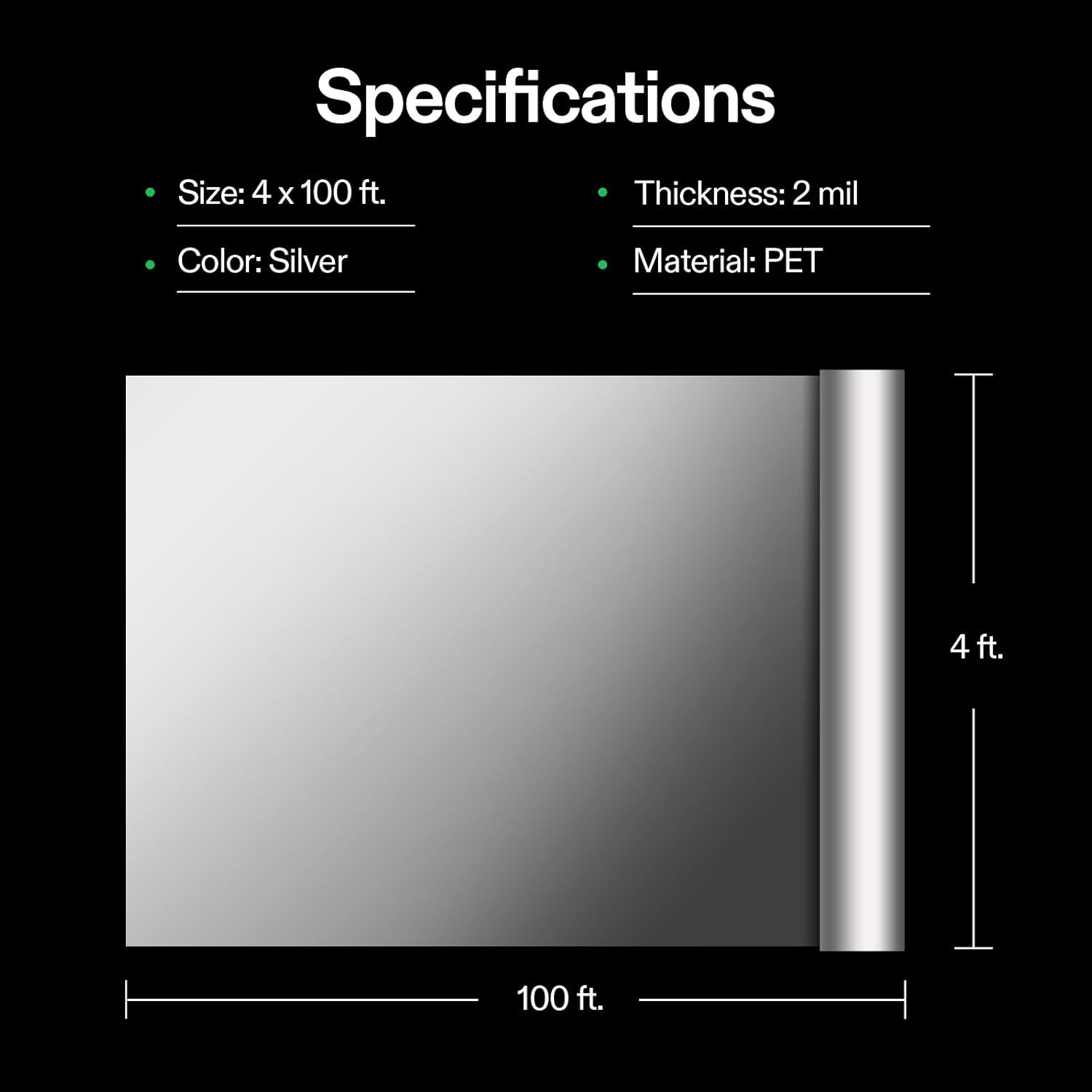 Highly Reflective Mylar Film Roll 4FT X 100FT for Outdoor Grow Room Indoor Decoration Aluminum Paint Coated 2 Mil Silver