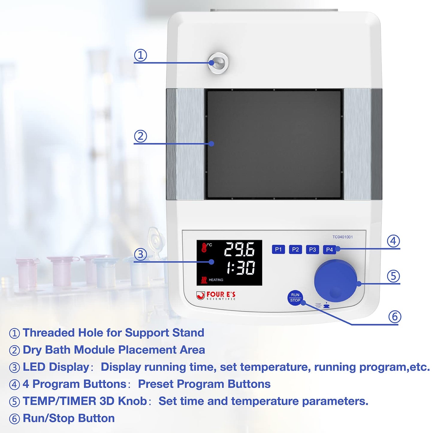 FOUR E'S SCIENTIFIC Digital Dry Bath Incubator with 20 x 1.5ml Heating Block & Temperature Sensor, Up to 302℉/150°C, LED Display, High Temperature Precision, Timing Control for Laboratory