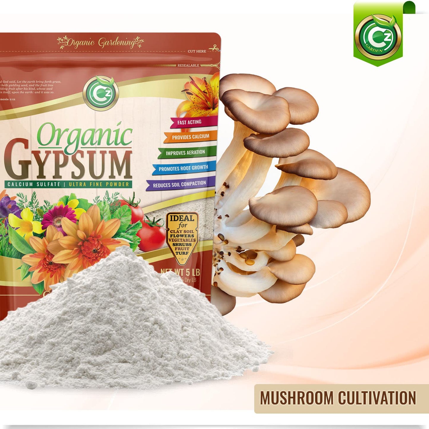 Organic Gypsum Powder 5LB - Made in USA - Calcium Sulfate Dihydrate - Garden Soil Amendment Fertilizer for Lawns, Plants, Mushroom Cultivation. Calcium & Sulfur. Cures Blossom End Rot. OMRI Listed