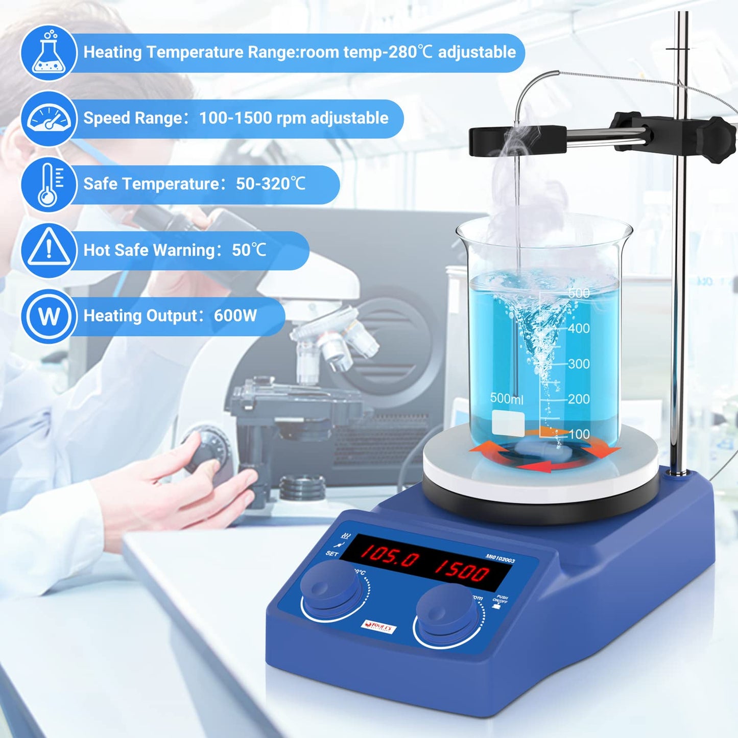 FOUR E'S SCIENTIFIC 5 Inch Magnetic Stirrer Hot Plate Max Temp 280℃/536°F | Max 5L Stirring Capacity | 100-1500RPM | 110V | Laboratory Hot Plate with Temp Probe Sensor & Stir Bar (Not Include Stand）