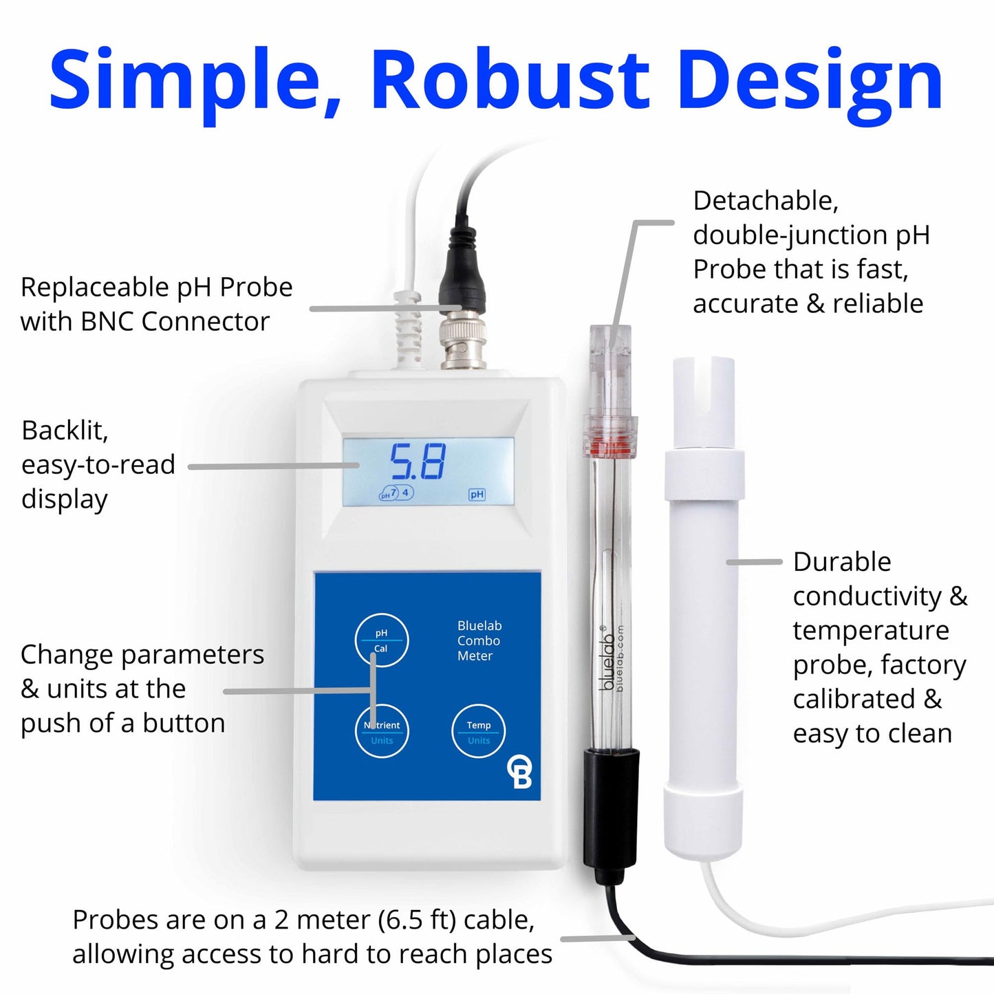 Bluelab Combo Meter for pH, Temperature & Conductivity in Water - Easy Calibration, Digital EC/TDS/PPM Tester for Hydroponics & Indoor Plants (METCOM)