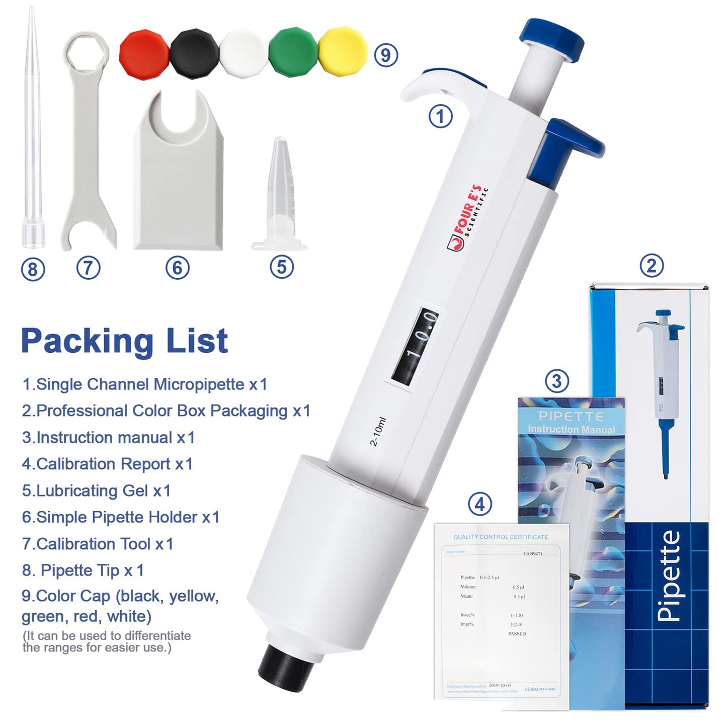 FOUR E'S SCIENTIFIC 1-10ML Single-Channel Pipettor Adjustable Variable Volume Micropipette High Accurate Pipettor for Laboratory