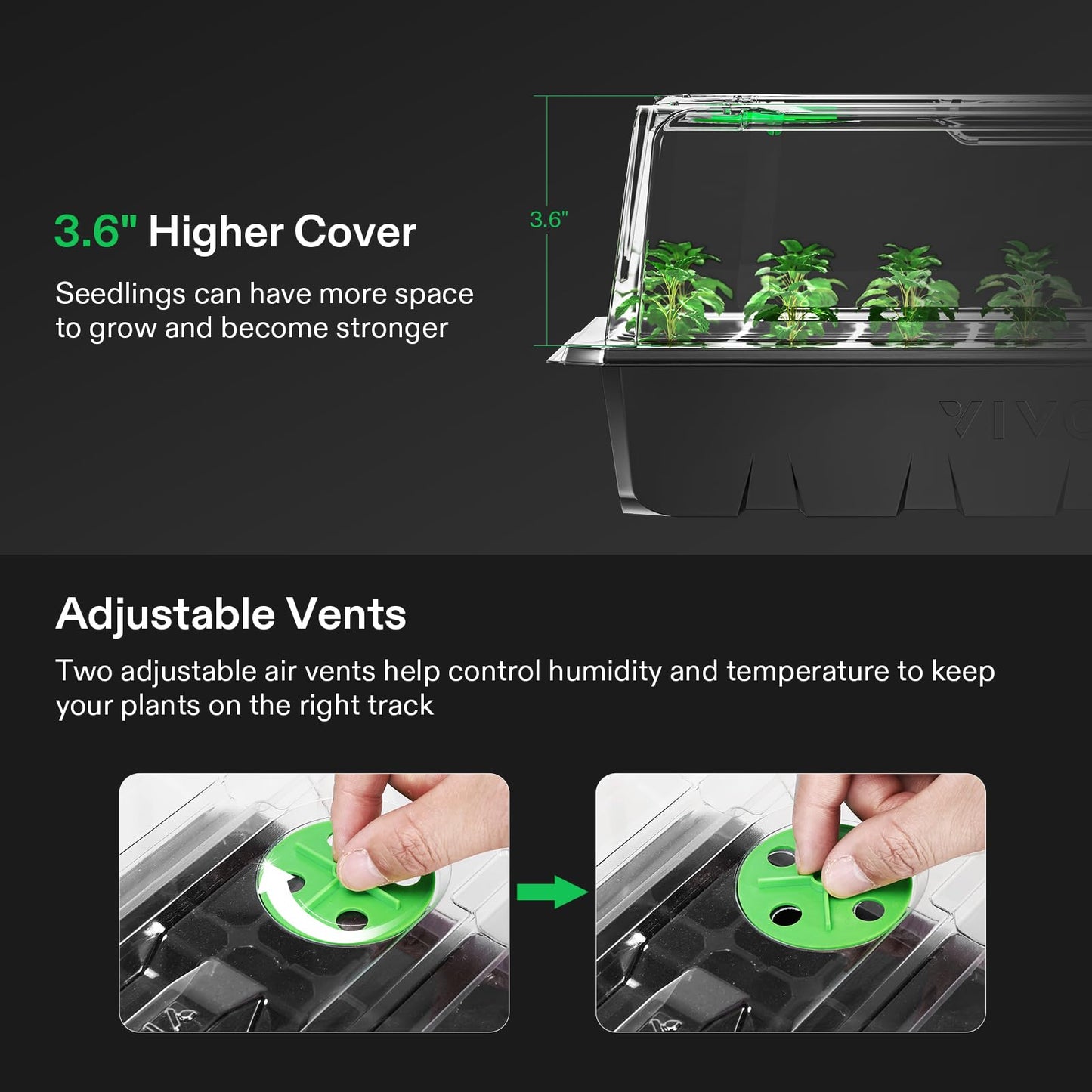 VIVOSUN 1-Pack 40-Cell Seed Starter Trays with 1 Set of LED Lights and 10"x20.75" Seedling Heat Mat, 3.6" Higher Cover, Adjustable Vents, Drainage Holes, Green Propagation Tray for Planting Seeds