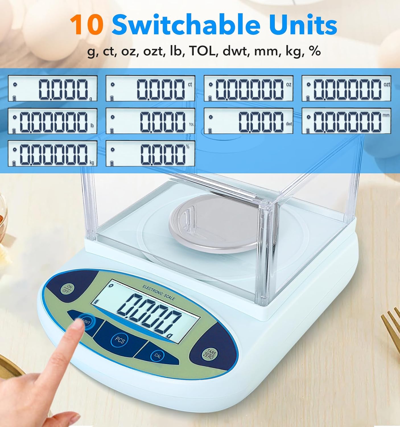 FOUR E'S SCIENTIFIC Lab Scale 450g x 0.001g Accuracy with Windshield, Laboratory Analytical Balance Precision Scientific Scale with 200g Calibration Weight
