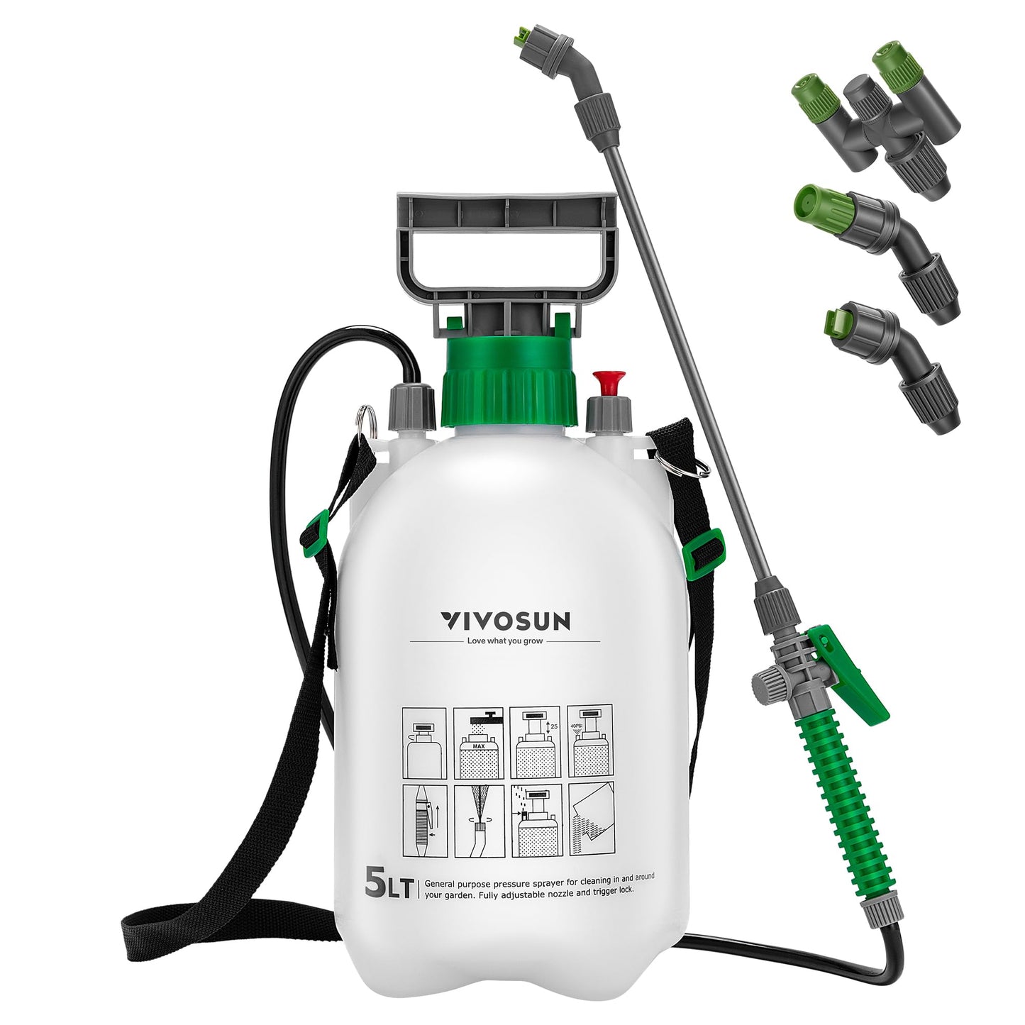 VIVOSUN 1.3 Gallon Pump Pressure Sprayer, 5L Pressurized Lawn & Garden Water Spray Bottle with 3 Water Nozzles, Adjustable Shoulder Strap, Pressure Relief Valve, for Plants and Cleaning