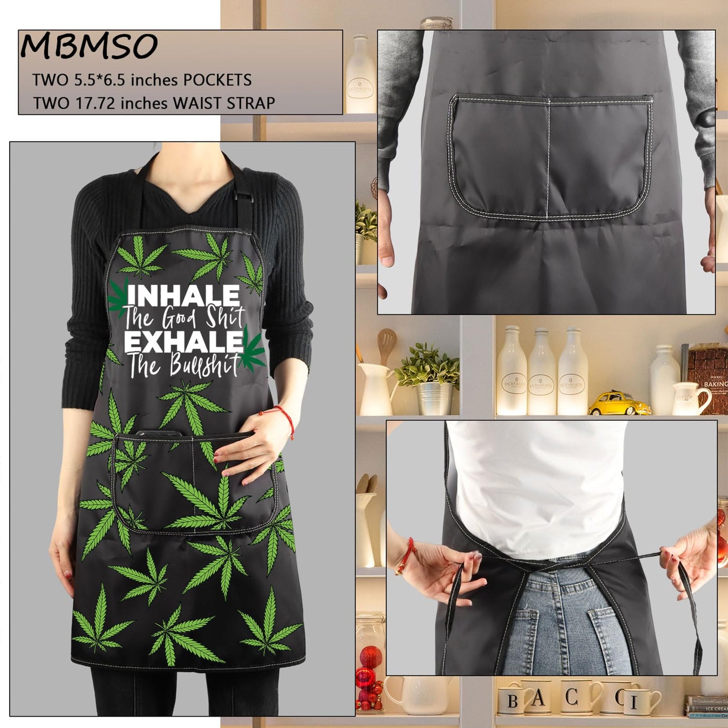 MBMSO Weed Apron with Pockets Inhale the Good Shit Exhale the Bullshit Marijuana Leaf Apron Cannabis Aprons Weed Lovers Gifts