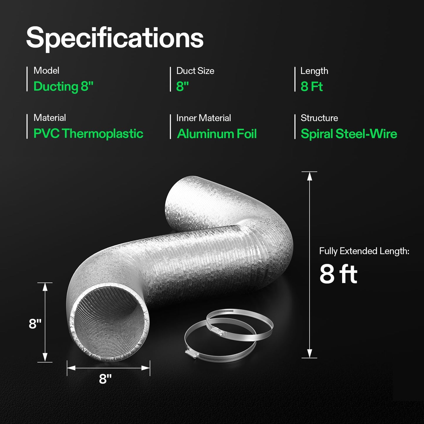 VIVOSUN 4 Inch 25 Feet Flex Air Aluminum Duct for Ventilation, 2 Clamps Included, Long Heavy-Duty Multi-Layer Dryer Hose Vent Kit, Duct Fan Systems