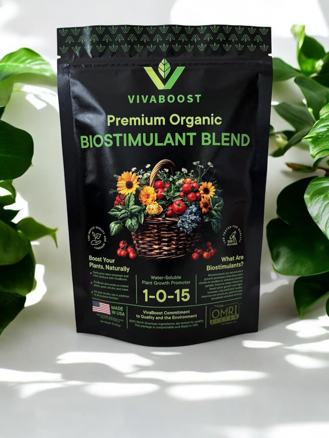 Organic Fertilizer - VivaBoost Premium Organic Biostimulant Blend, Nutrients, Plant Food, Made in USA and OMRI Listed, 1lb