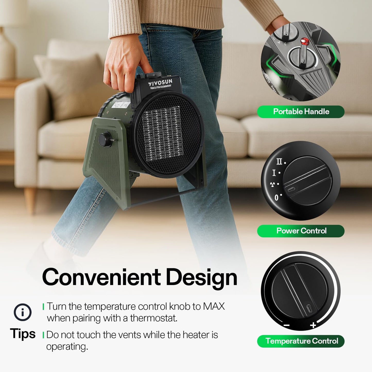 VIVOSUN Portable Greenhouse Heater with Adjustable Thermostat, 750W/1500W Electric Heater, 3 Modes for Fast Heating, Overheat Protection, Dustproof Design for Grow Tents, Patios & Outdoors