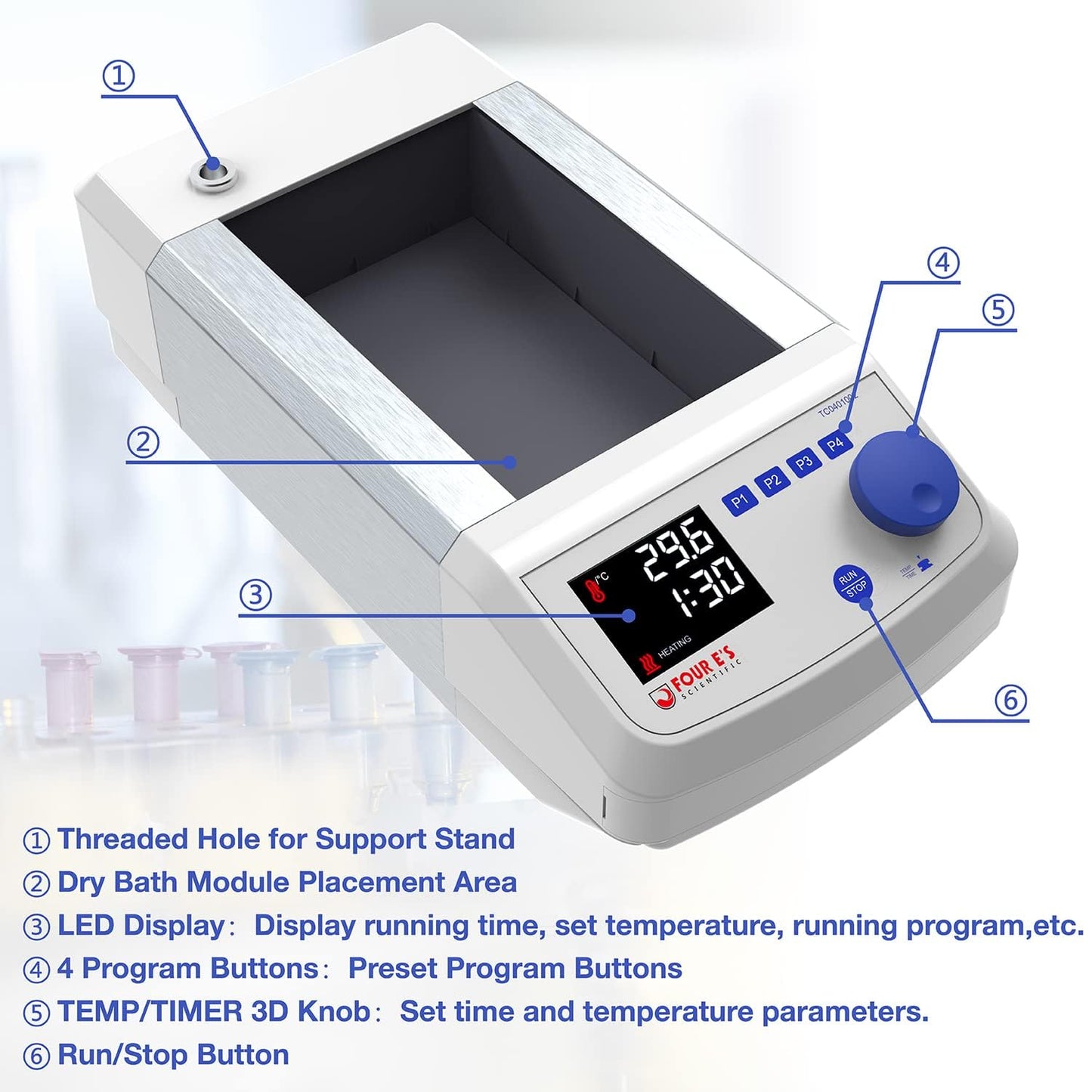 FOUR E'S SCIENTIFIC Digital Dry Bath Incubator with 20 x 1.5ml Heating Block & Temperature Sensor, Up to 302℉/150°C, LED Display, High Temperature Precision, Timing Control for Laboratory