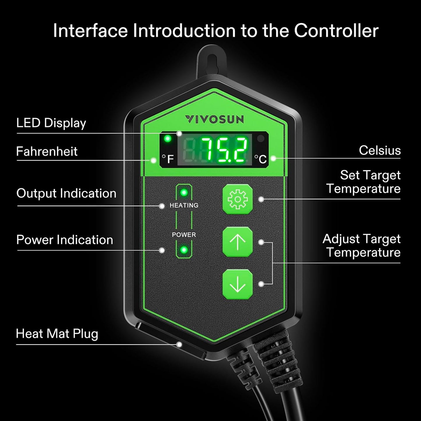 VIVOSUN Digital Heat Mat Thermostat Controller, 40–108 ºF 1000W for Reptiles, Seedlings, Germination, Incubation and Fermentation