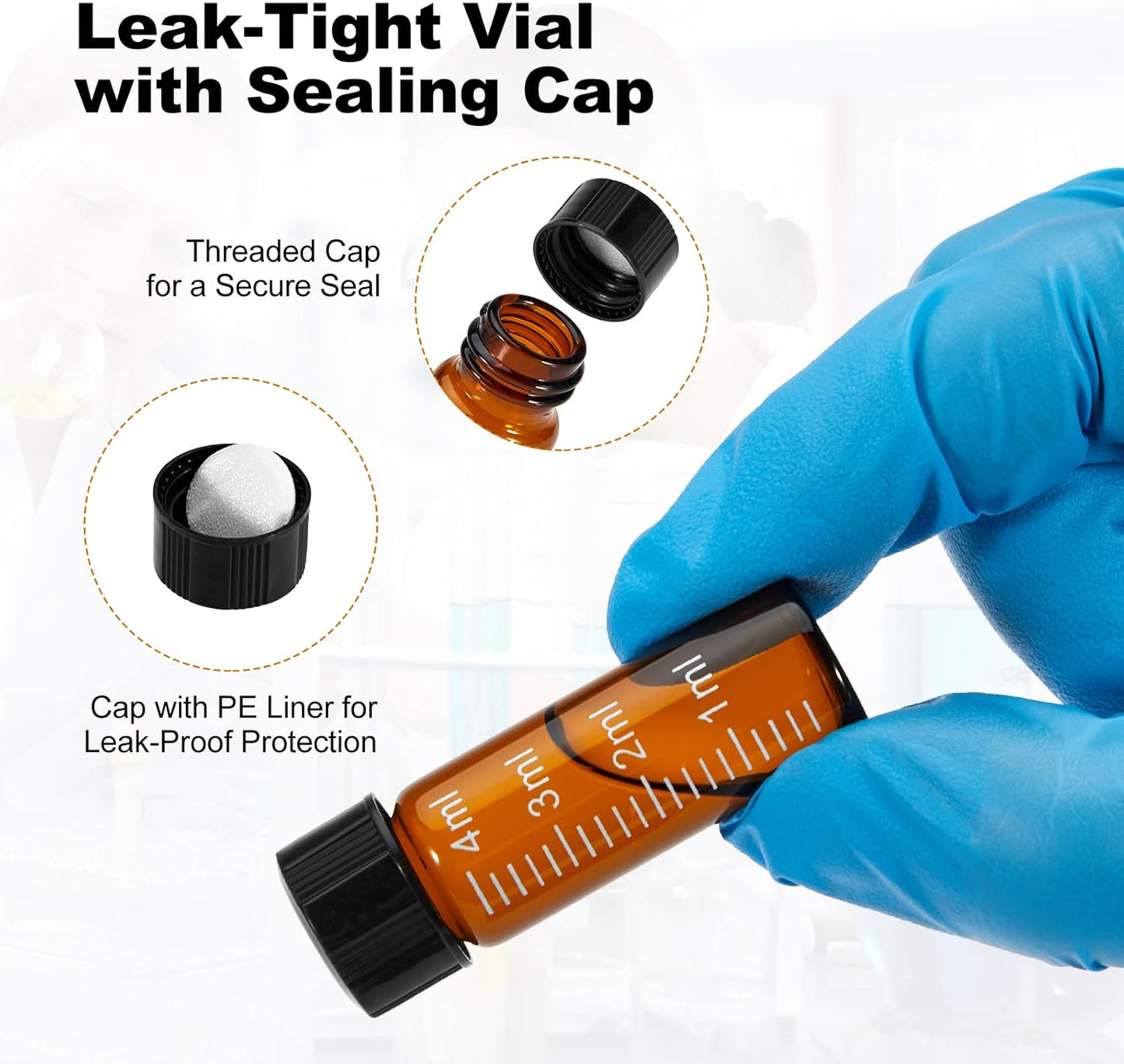 FOUR E'S SCIENTIFIC 100 Pack 4ml Glass Graduated Vials, 1 Dram Amber Small Sample Vials with Plastic Screw Caps Borosilicate Glass Sample Bottles for Liquid Powder Storage