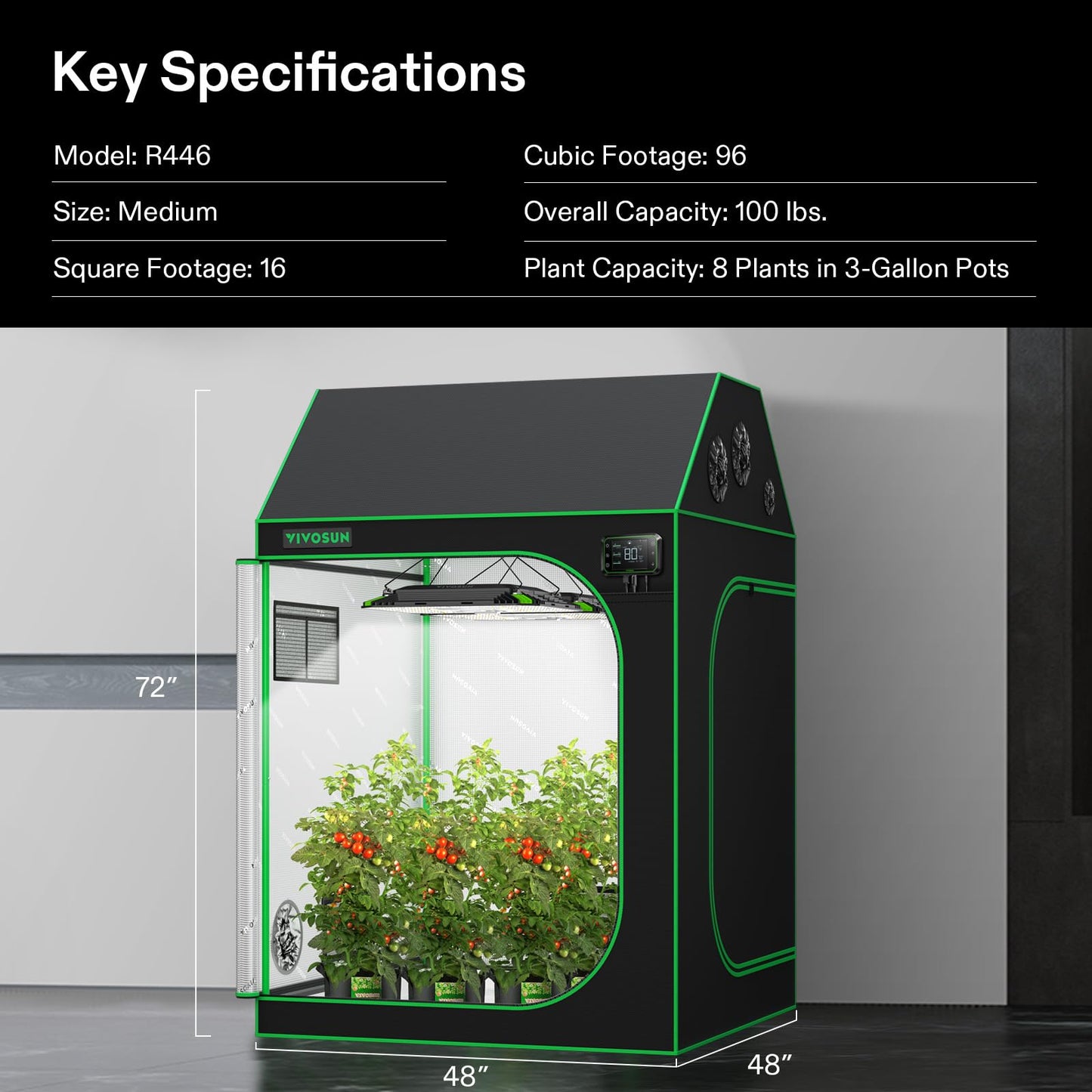 VIVOSUN R846 4x8 Grow Tent, 96"x48"x72" Roof Cube Tent with Observation Window and Floor Tray for Hydroponics Indoor Plant for VS4000/VSF4300