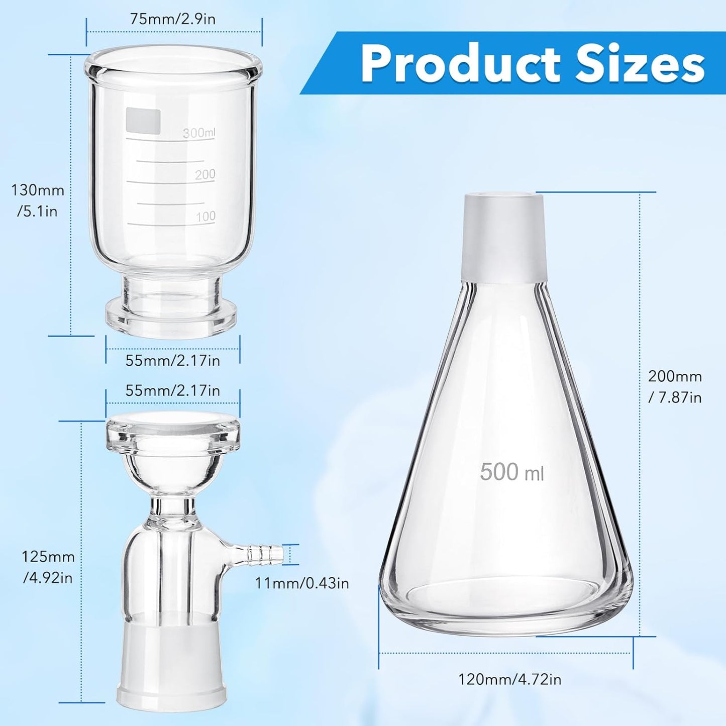 FOUR E'S SCIENTIFIC 500 mL Lab Vacuum Filtration Distillation Apparatus, Filtering Kit with 500ml Glass Vacuum Flask, 300ml Graduated Funnel, 100 Pcs Filter Paper