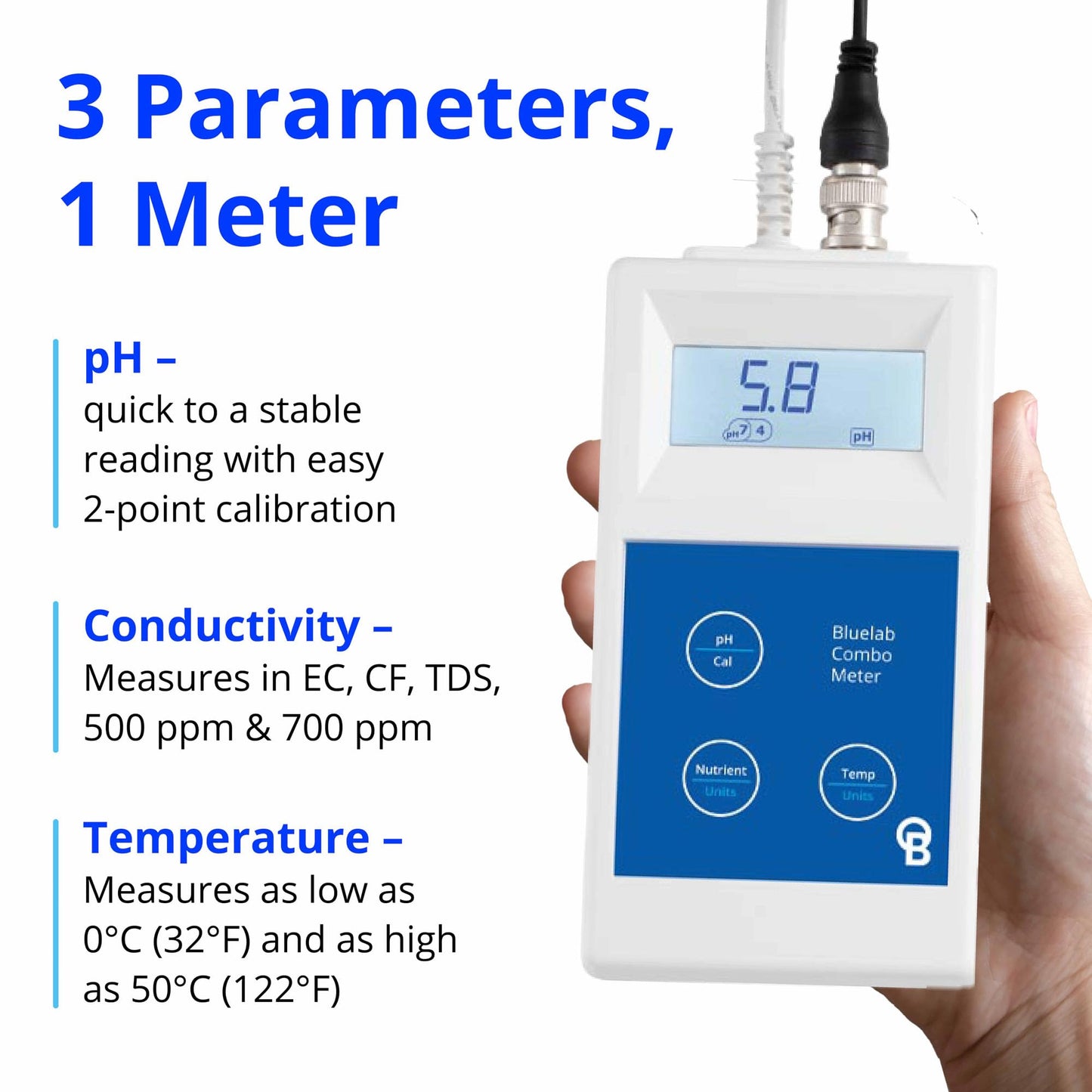 Bluelab Combo Meter for pH, Temperature & Conductivity in Water - Easy Calibration, Digital EC/TDS/PPM Tester for Hydroponics & Indoor Plants (METCOM)