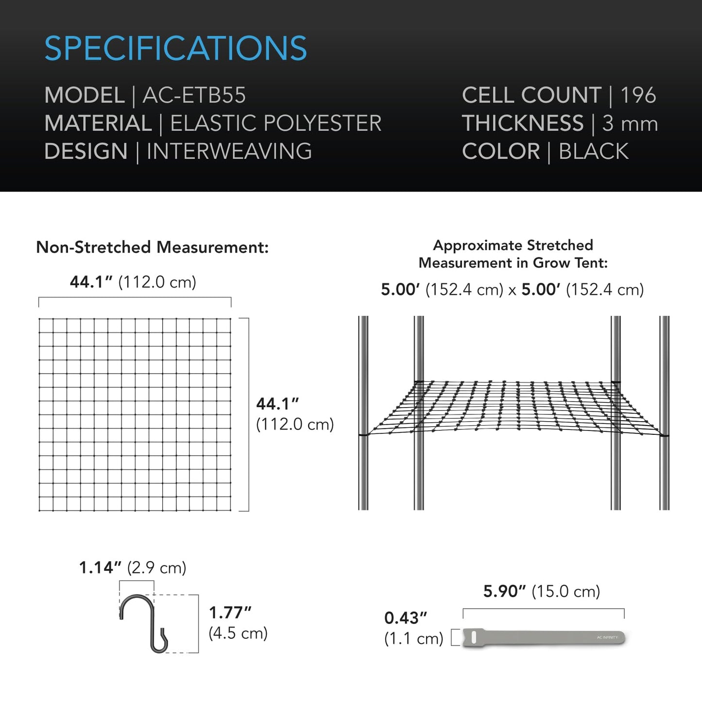 AC Infinity Grow Tent Trellis Netting 4x4', Heavy-Duty Elastic Plant Net with Steel Hooks, Flexible Hydroponics Support for Grow Tents, Gardening, and Horticulture