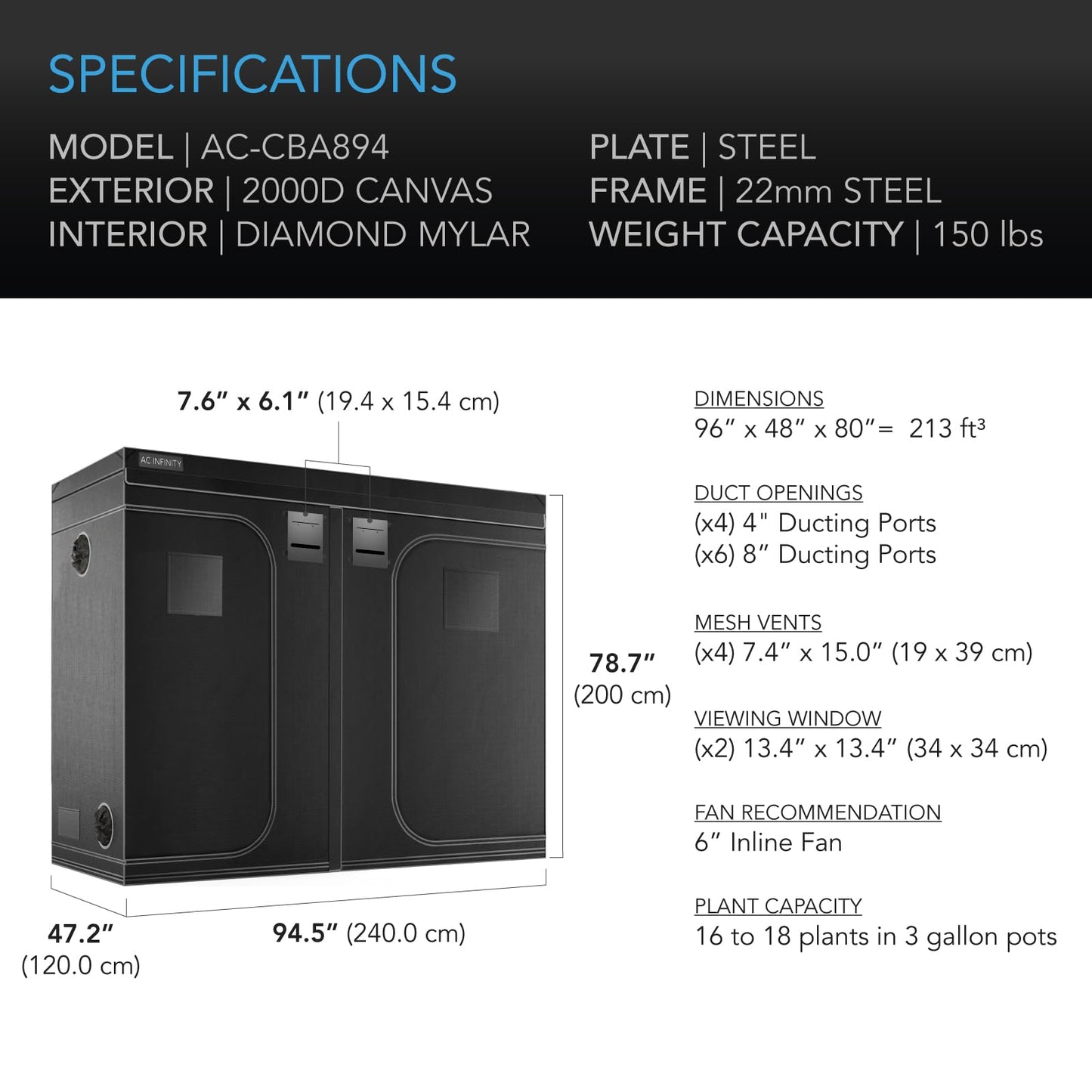 AC Infinity CLOUDLAB 816 Advance Grow Tent, 120"x60"x80" Thickest 1 in. Poles, Highest Density 2000D Diamond Mylar Canvas, 10x5 for Hydroponics Indoor Growing