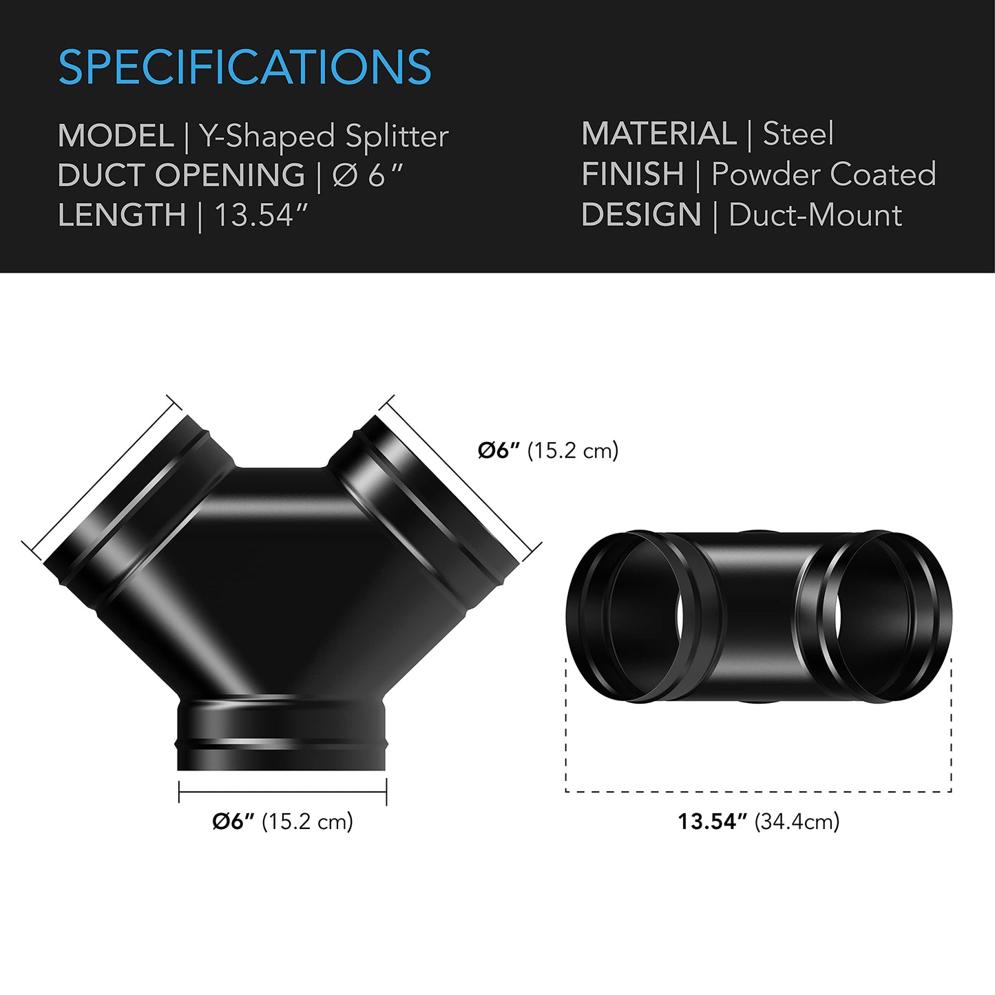 AC Infinity 3-Way Duct Splitter, 6 x 4 x 4” Exhaust Pipe Splitter Y Connector, for Dryers and Vent Hoses