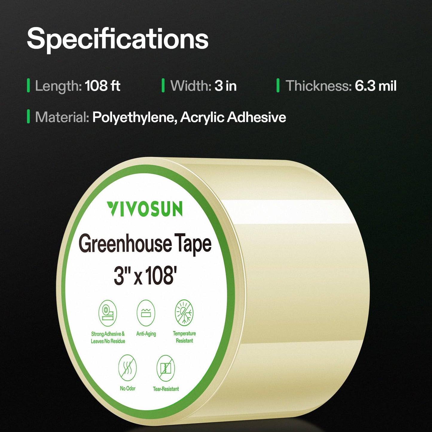 VIVOSUN Greenhouse Repair Tape, 6.3 mil 3" x 108' Weatherproof Clear Poly Patch Tape, Heavy Duty Greenhouse Sheeting Coverings Film Tape for Plastic Sheeting and Tents