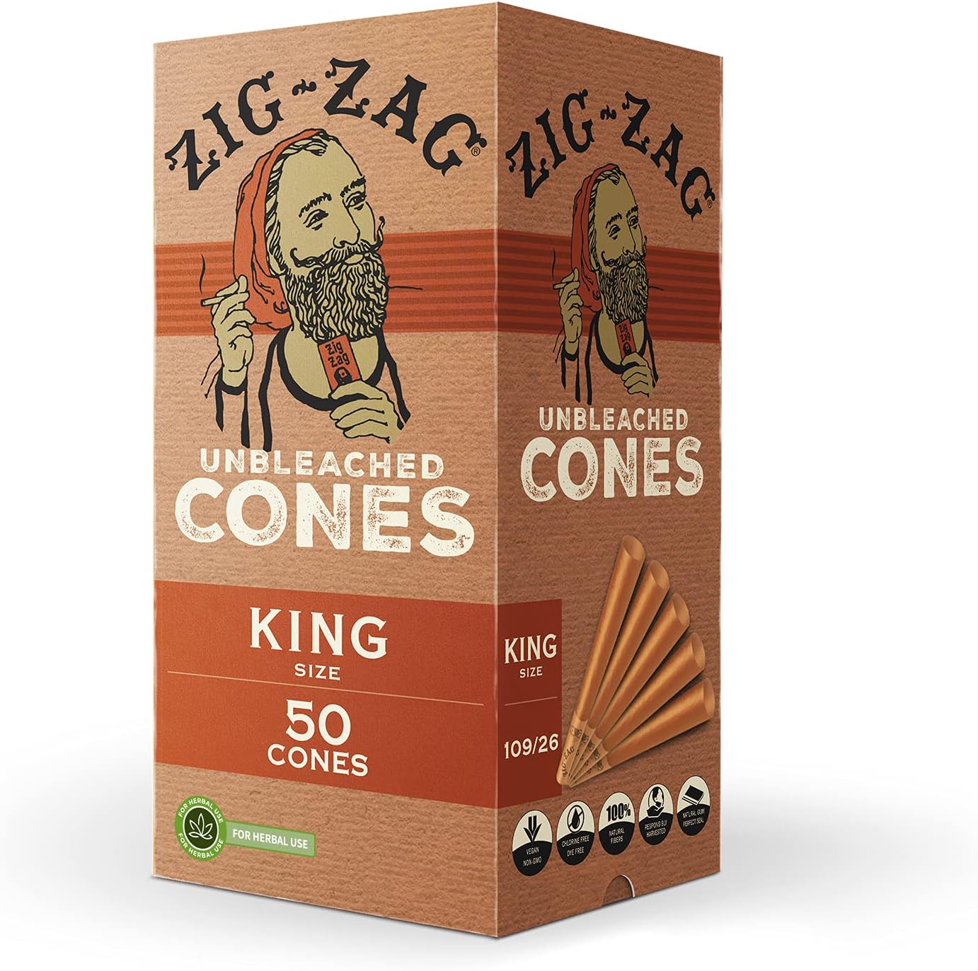 ZIG-ZAG 1 ¼ Pre Rolled Natural Unbleached Cones with Tips - Prerolled Rolling Paper Cone 50 Pack, King Size Unbleached Cones - 50 Pack, Small Vintage Rolling Tray