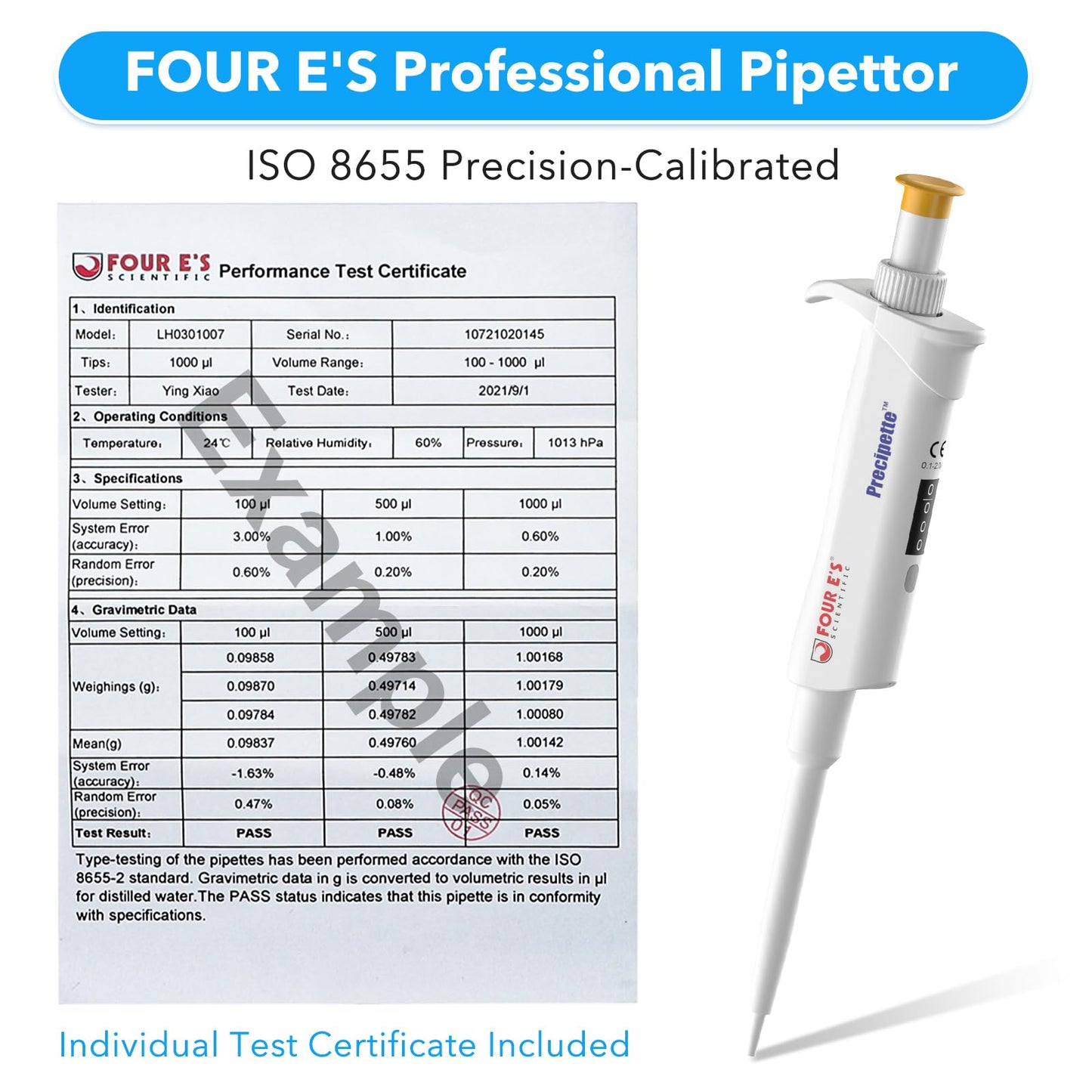 FOUR E'S SCIENTIFIC 20-200μL Pipette, Professional Single-Channel Pipettor Lightweight High Accurate Adjustable Variable Volume Micro Pipette with Calibration Certificate (Model LH0301006)