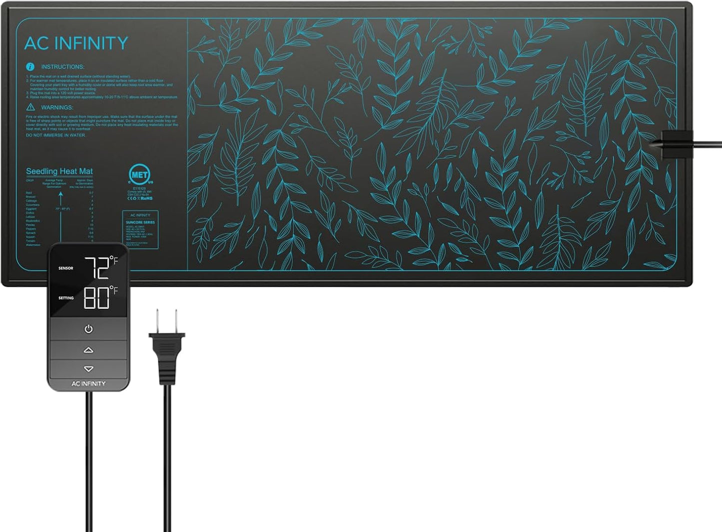 AC Infinity SUNCORE H7, Seedling Mat 48” x 20.75” with Digital Thermostat Controller for Exact Temperature Levels, Waterproof Heating Pad for Indoor Gardening, Hydroponics, Germination, Cloning