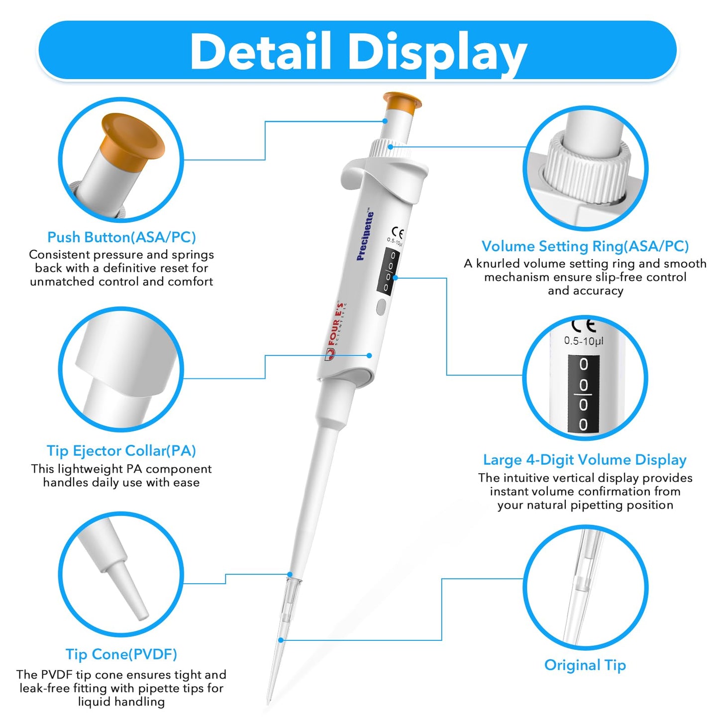FOUR E'S SCIENTIFIC 20-200μL Pipette, Professional Single-Channel Pipettor Lightweight High Accurate Adjustable Variable Volume Micro Pipette with Calibration Certificate (Model LH0301006)
