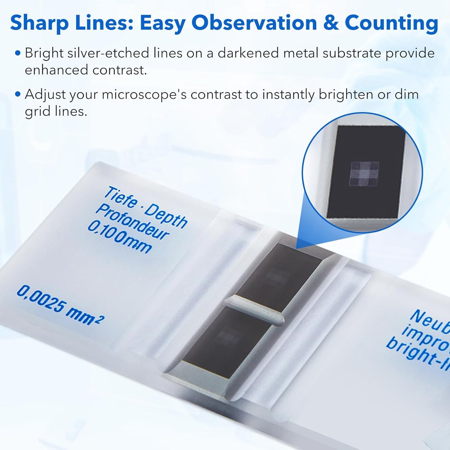FOUR E'S SCIENTIFIC 2 Pack Improved Neubauer Hemocytometer, Cell Counting Chamber with Bright Line, 4 Pcs Glass Cover Slips