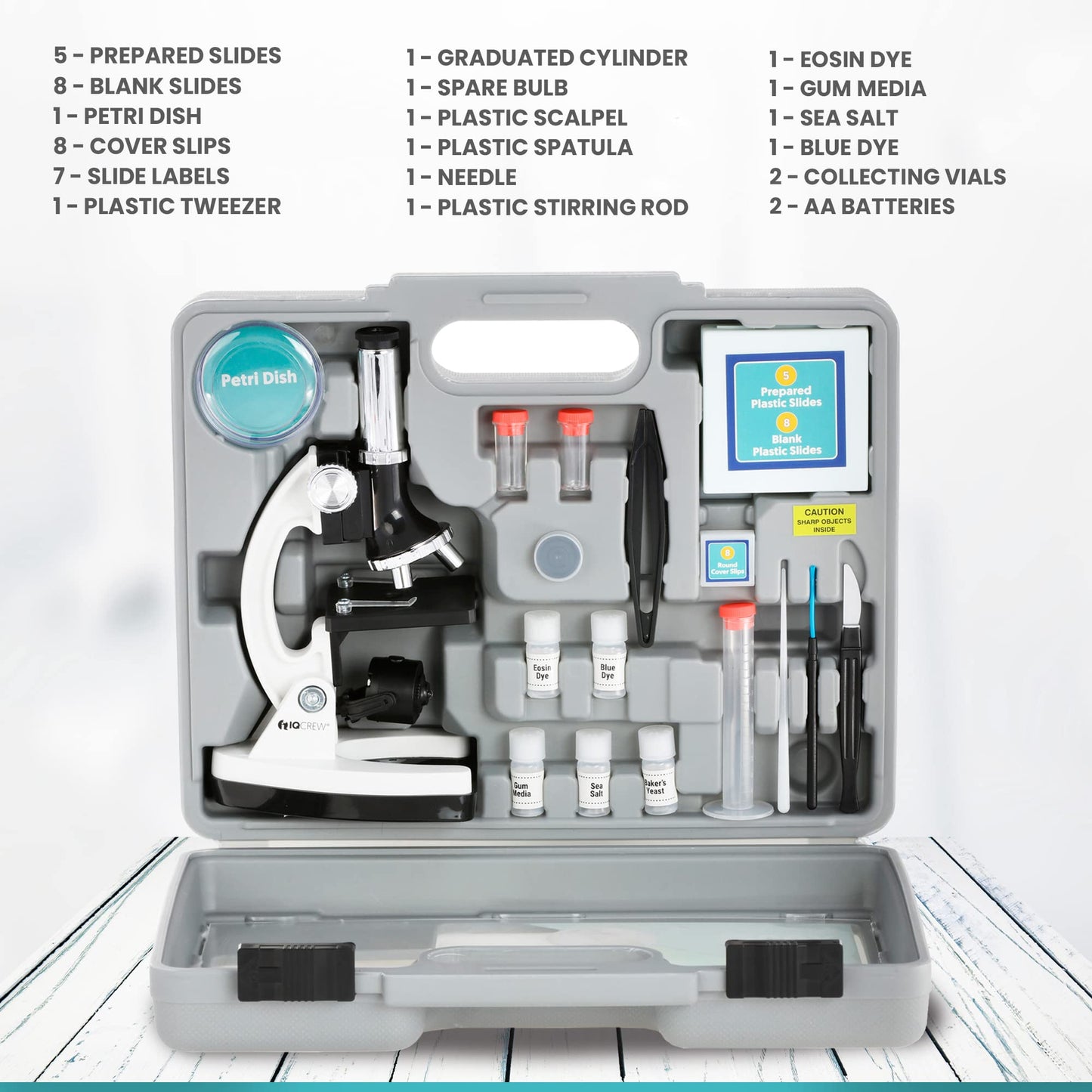AmScope 120X-1200X 52-pcs Beginner Microscope STEM Kit with Metal Body Microscope, Plastic Slides, LED Light and Carrying Box (M30-ABS-KT2-W),White