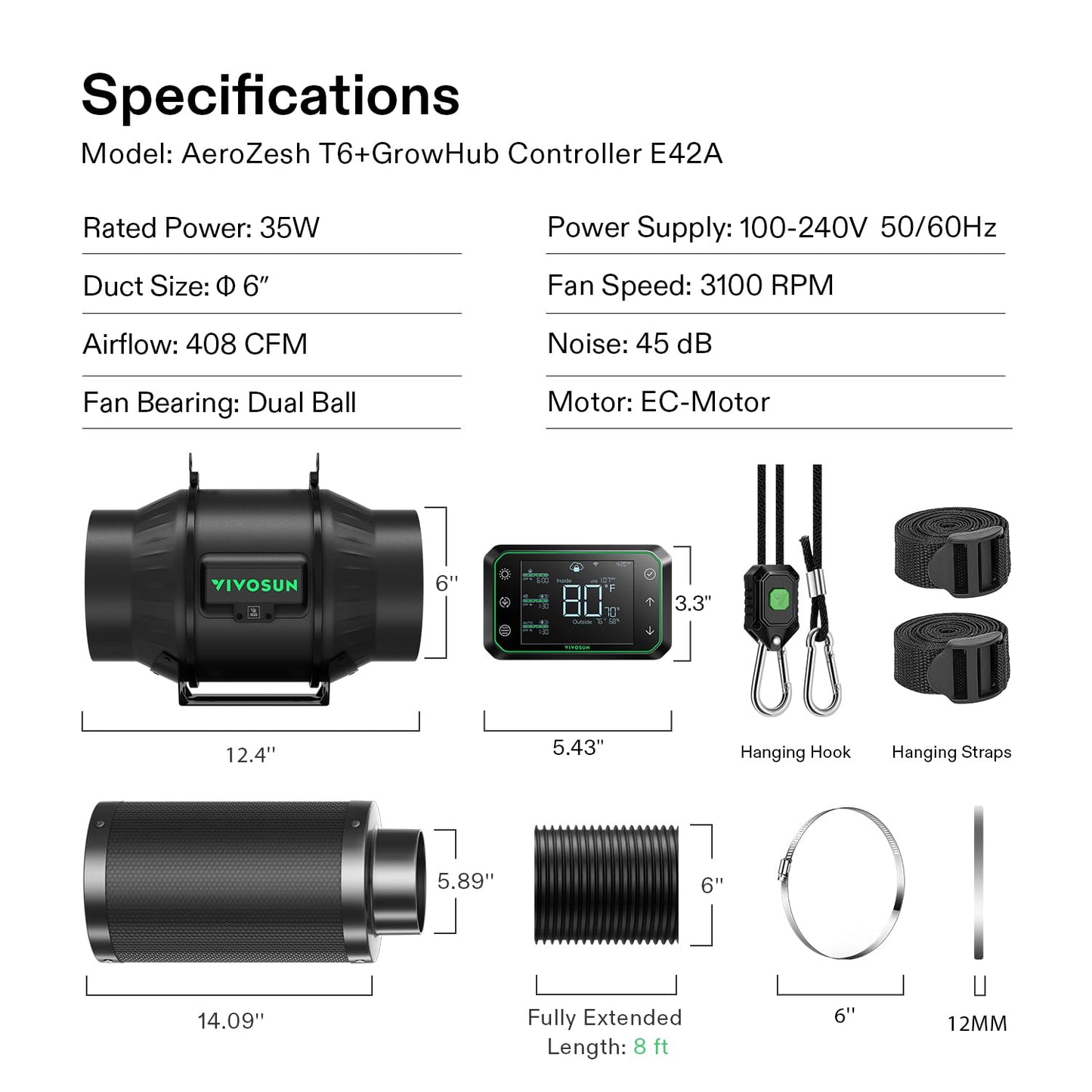 VIVOSUN Smart Air Filtration PRO T6 Kit 6", AeroZesh T6 Inline Duct Fan w/GrowHub E42A Temp. Humidity WiFi-Controller, Carbon Filter & Ducting, Cooling & Ventilation System for Grow Tent, Hydroponics