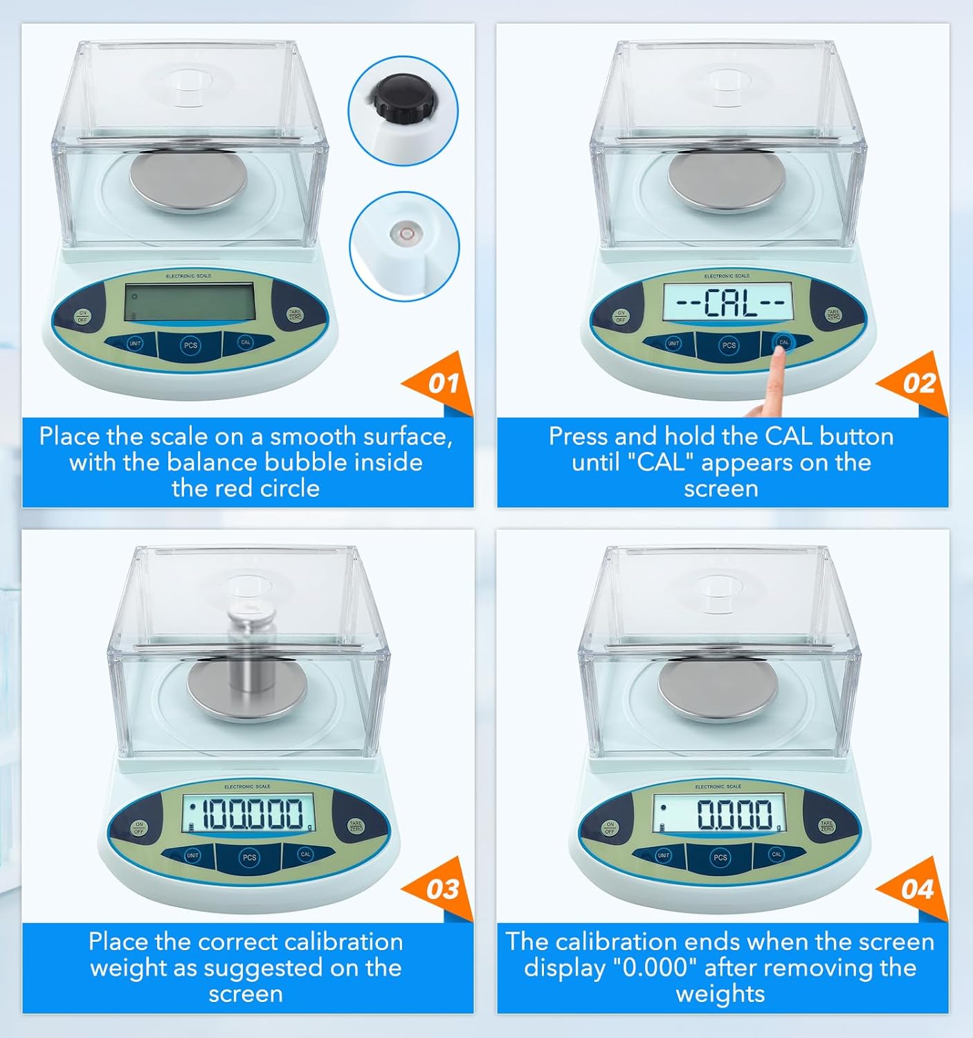 FOUR E'S SCIENTIFIC Lab Scale 450g x 0.001g Accuracy with Windshield, Laboratory Analytical Balance Precision Scientific Scale with 200g Calibration Weight