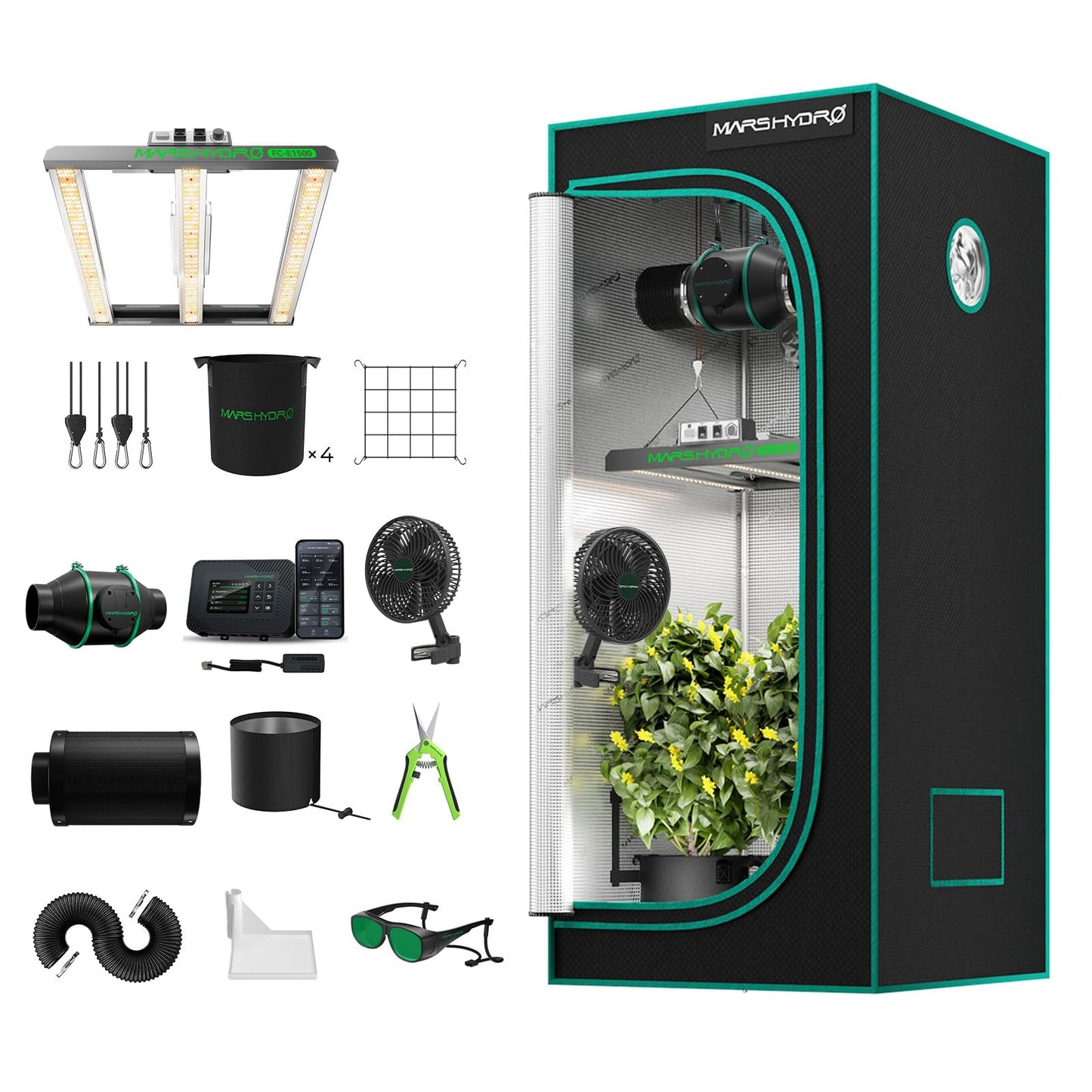 MARS HYDRO 2x2 Grow Tent Kit Complete System with 10 Speed Fan,100W TS600 LED Full Spectrum Grow Light,24"x24"x55" 1680D High Reflective Mylar Grow Tent,4 inch Smart WiFi Control Ventilation System