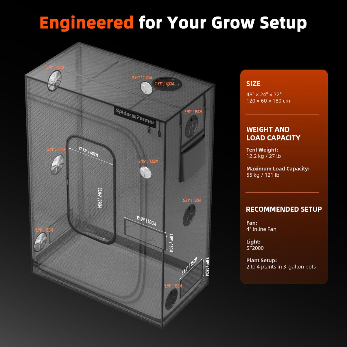 Spider Farmer Mater Series 4.6x2.3 Grow Tent 55"x28"x80" for Indoor Growing