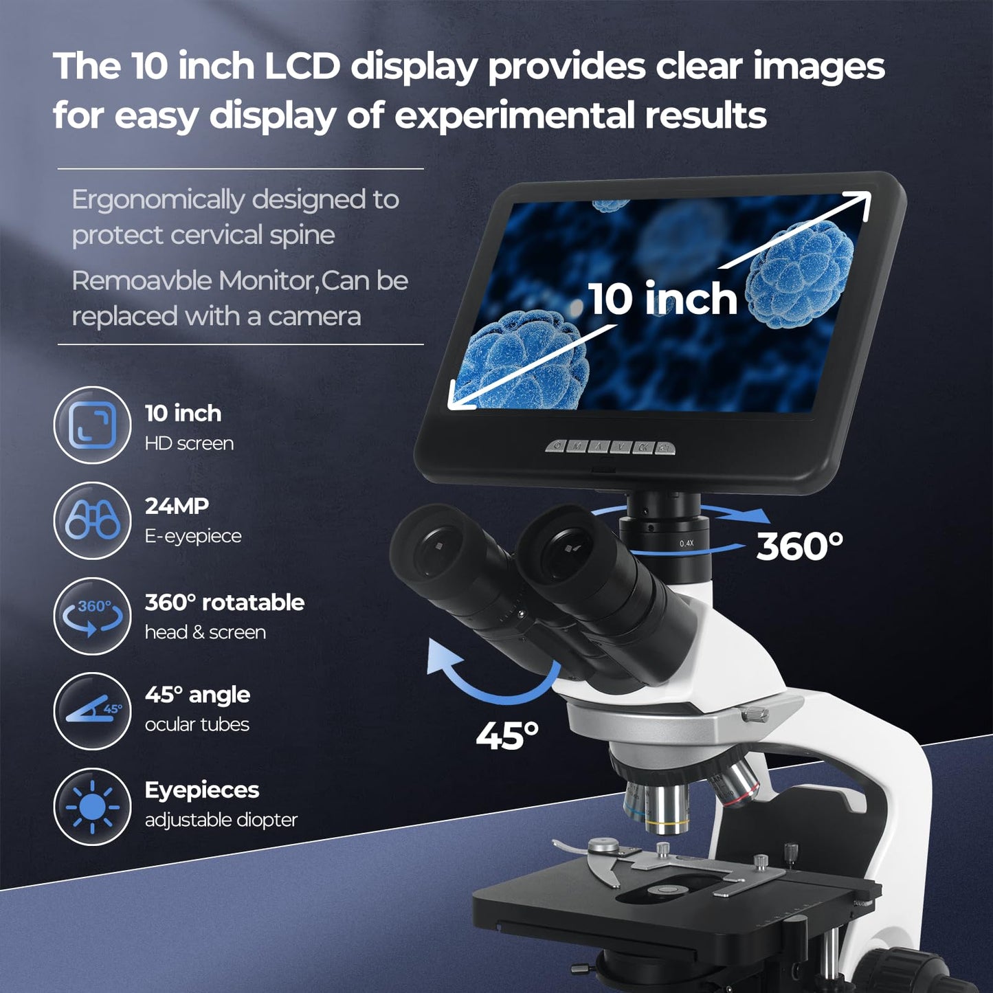 [Darkfield Microorganism Model] Vabiooth Lab Darkfield & Brightfield Trinocular Compound Microscope 40X-2500X Magnification with 7" Monitor 5MP E-Eyepiece, Adjustable Mechanical Stage, LED Source