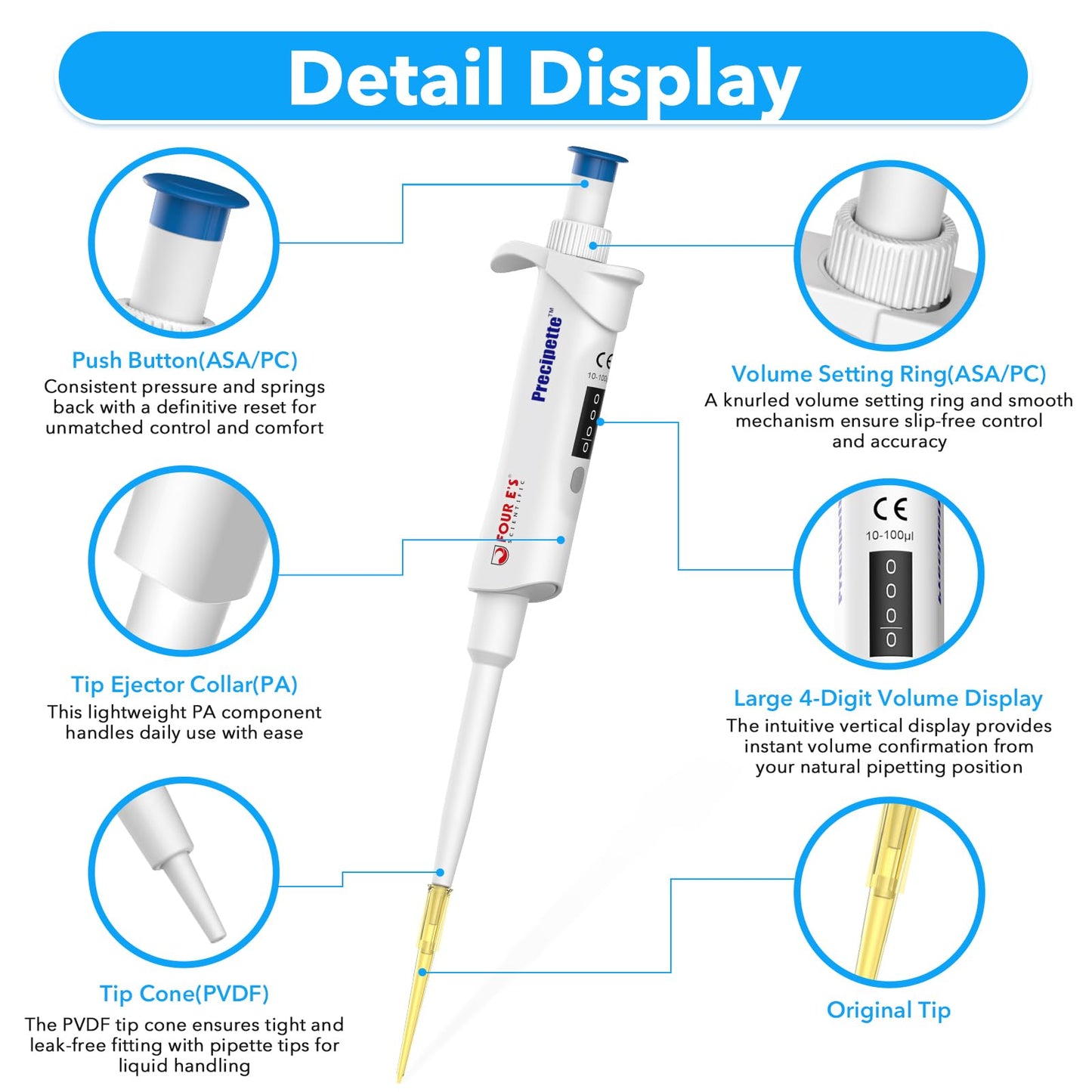 FOUR E'S SCIENTIFIC 20-200μL Pipette, Professional Single-Channel Pipettor Lightweight High Accurate Adjustable Variable Volume Micro Pipette with Calibration Certificate (Model LH0301006)