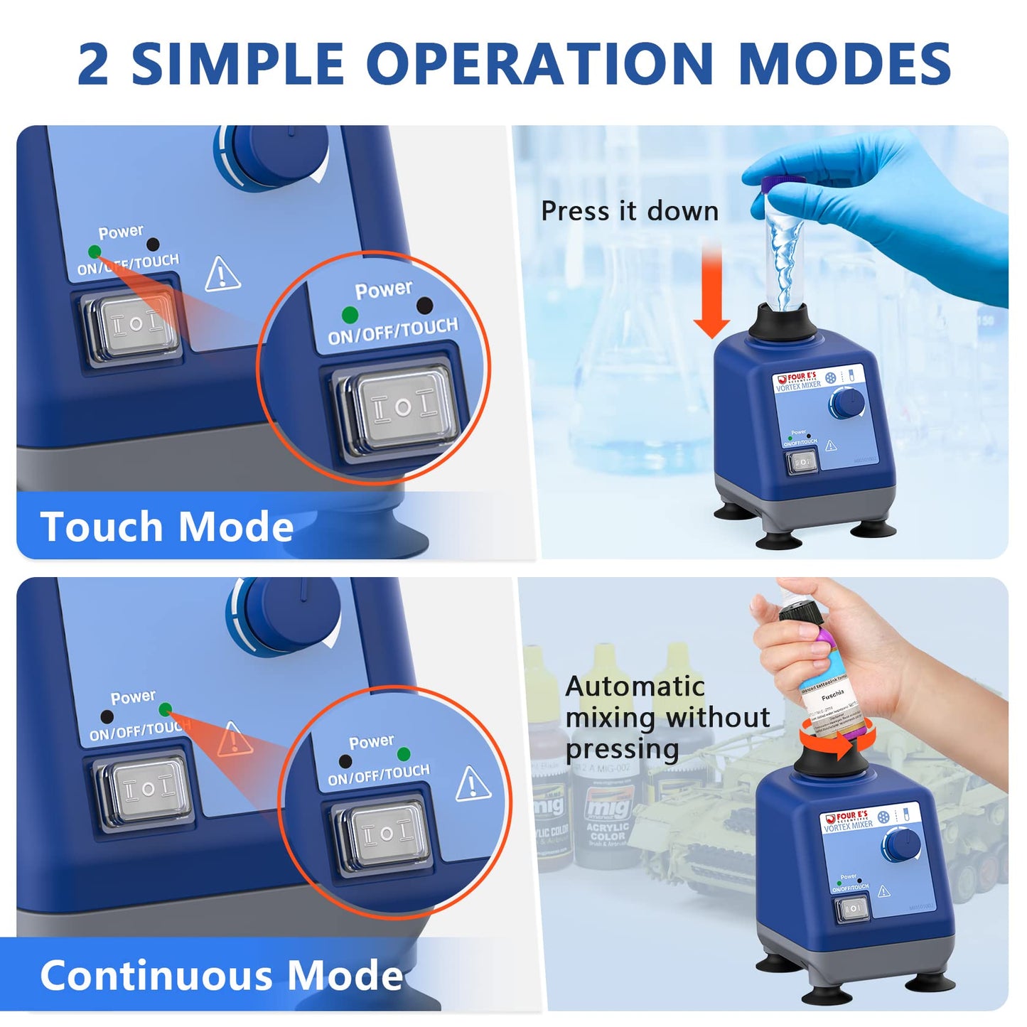 FOUR E'S SCIENTIFIC Laboratory Vortex Mixer Various Speed 0-3000rpm, Touch & Continuous Function - Vortex Shaker Mixer Test Tubes Acrylic Paints Ink