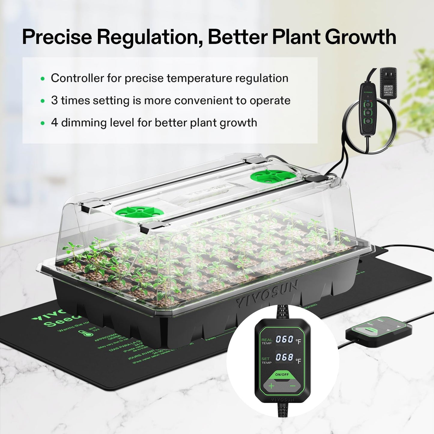 VIVOSUN 1-Pack 40-Cell Seed Starter Trays with 1 Set of LED Lights and 10"x20.75" Seedling Heat Mat, 3.6" Higher Cover, Adjustable Vents, Drainage Holes, Green Propagation Tray for Planting Seeds