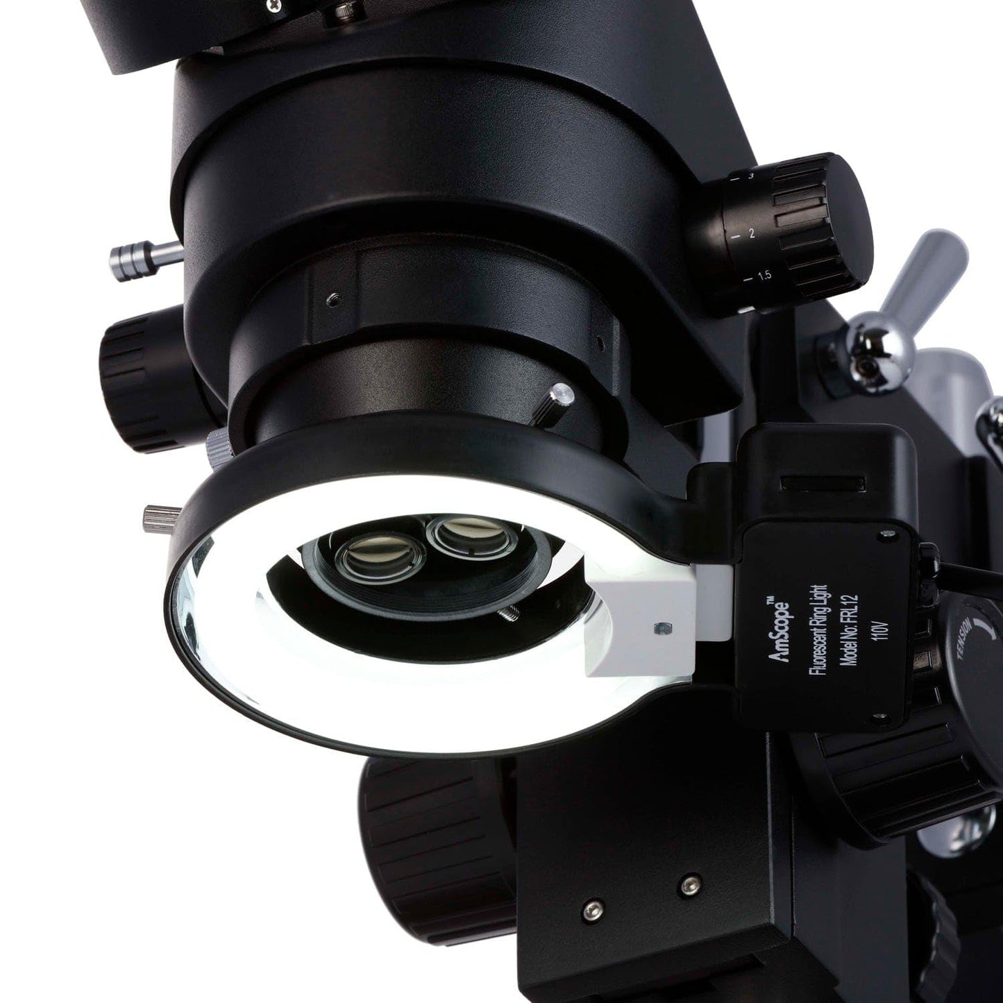 AmScope SM-4TZ-144A Professional Trinocular Stereo Zoom Microscope, WH10x Eyepieces, 3.5X-90X Magnification, 0.7X-4.5X Zoom Objective, Four-Zone LED Ring Light, Double-Arm Boom Stand, 110V-240V, Includes 0.5X and 2.0X Barlow Lens